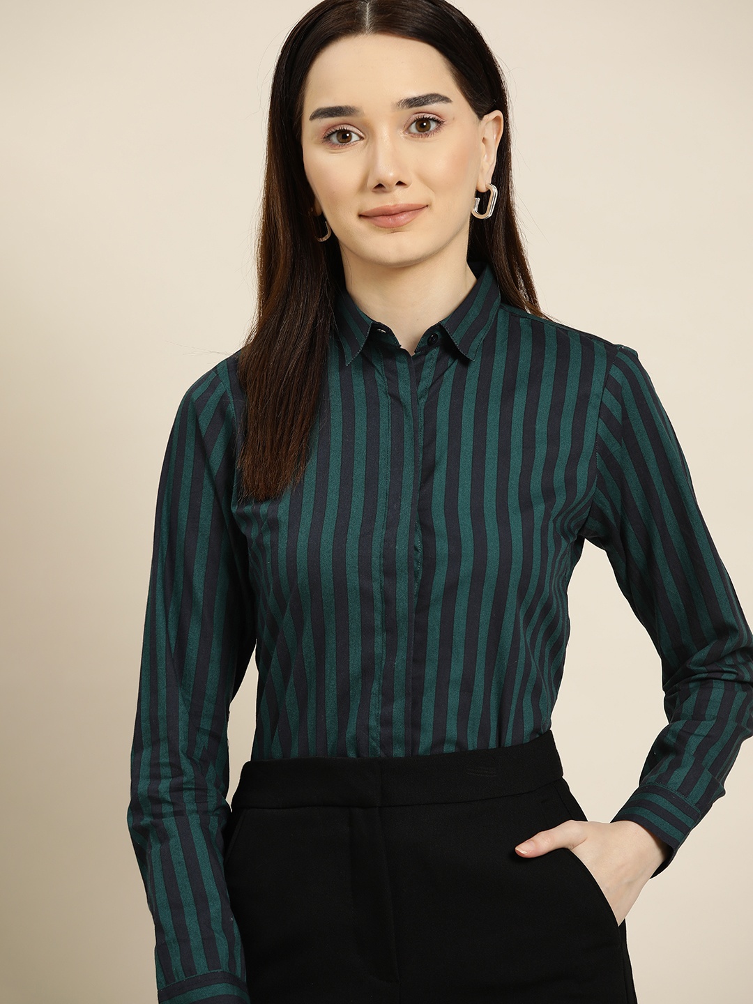 

Hancock Women Navy Blue Standard Slim Fit Striped Pure Cotton Formal Shirt