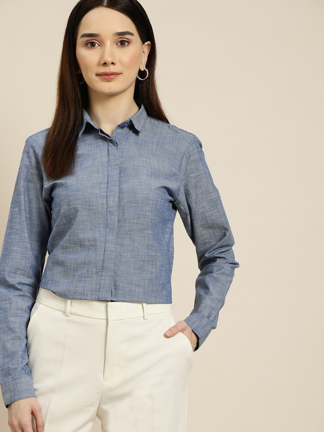 

Hancock Women Blue Standard Slim Fit Pure Cotton Formal Shirt