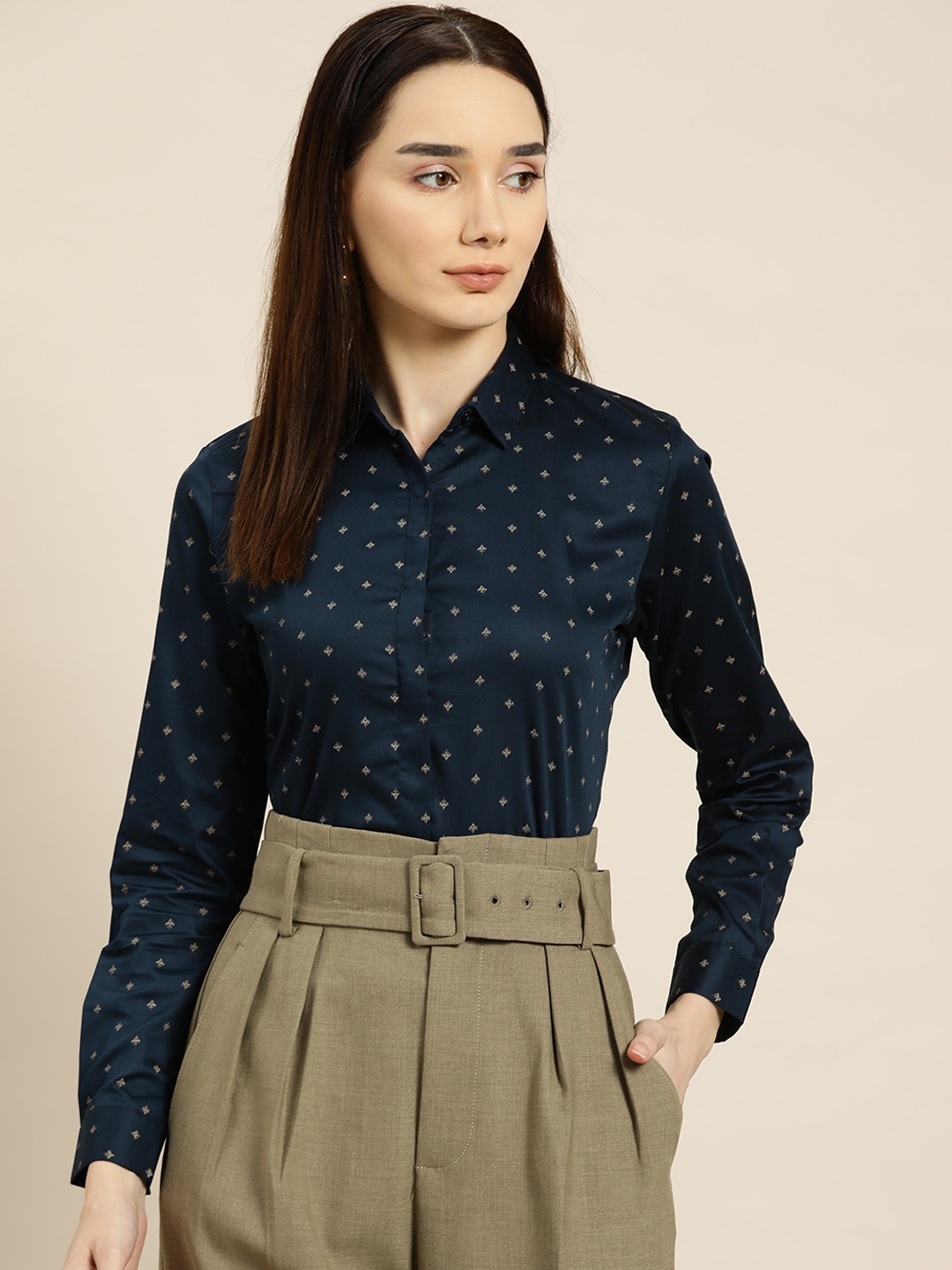 

Hancock Women Navy Blue Standard Slim Fit Printed Pure Cotton Formal Shirt