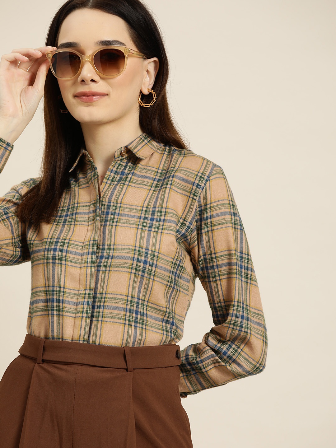 

Hancock Women Tan Standard Slim Fit Tartan Checks Pure Cotton Formal Shirt
