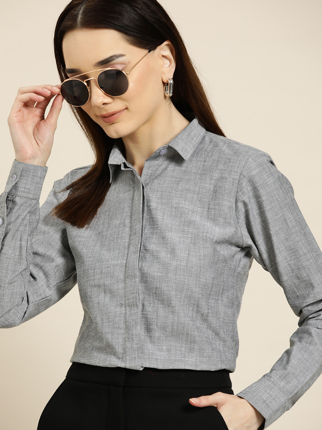 

Hancock Women Grey Standard Slim Fit Solid Pure Cotton Formal Shirt