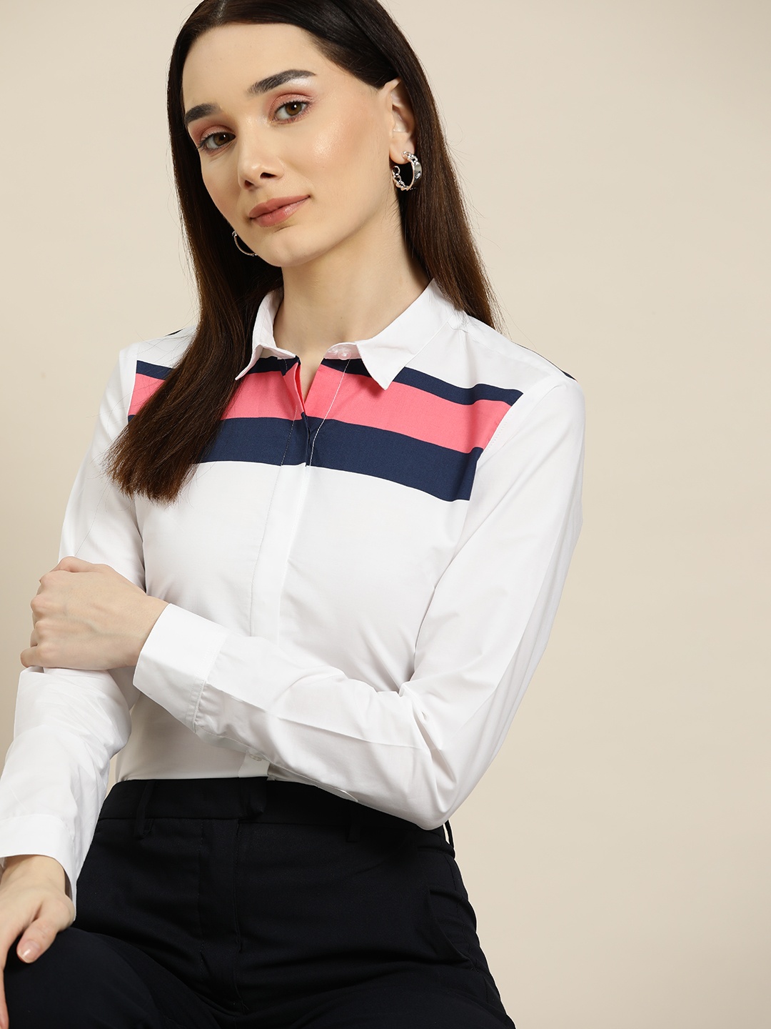 

Hancock Women White Standard Slim Fit Horizontal Stripes Pure Cotton Formal Shirt