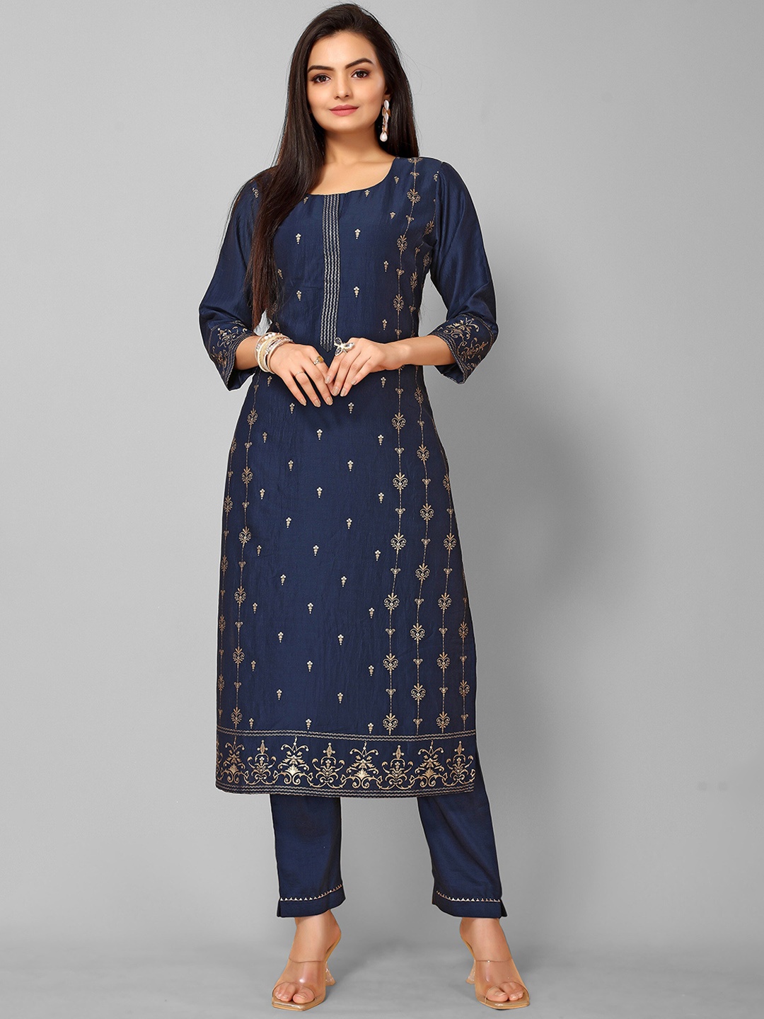 

KALINI Women Teal Embroidered Angrakha Kurta with Trousers