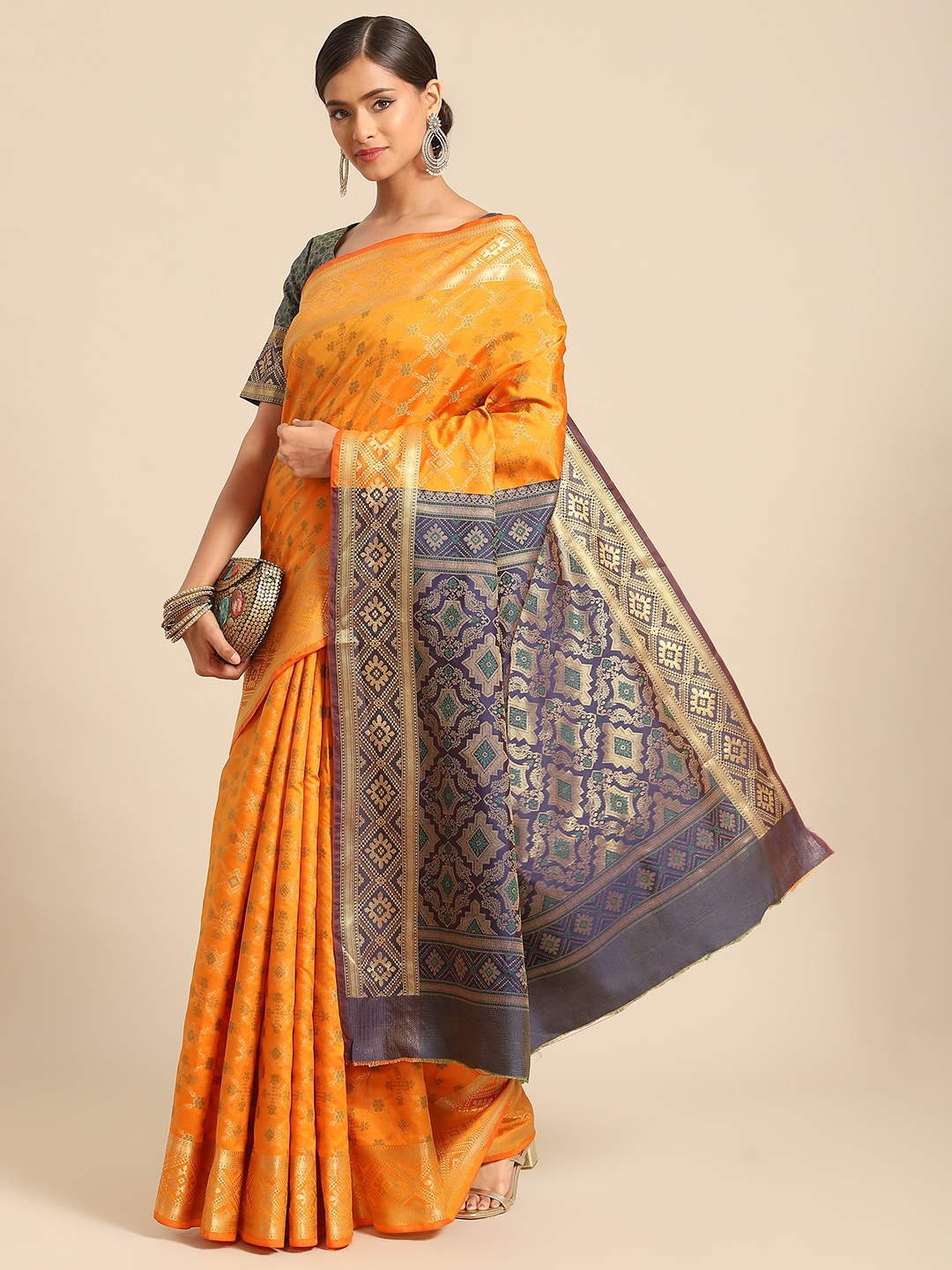 

all about you Orange & Grey Ethnic Motifs Zari Silk Blend Patola Saree