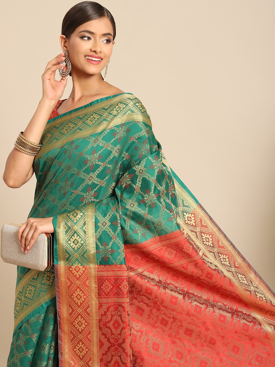 

all about you Green & Orange Woven Design Zari Silk Blend Patola Saree