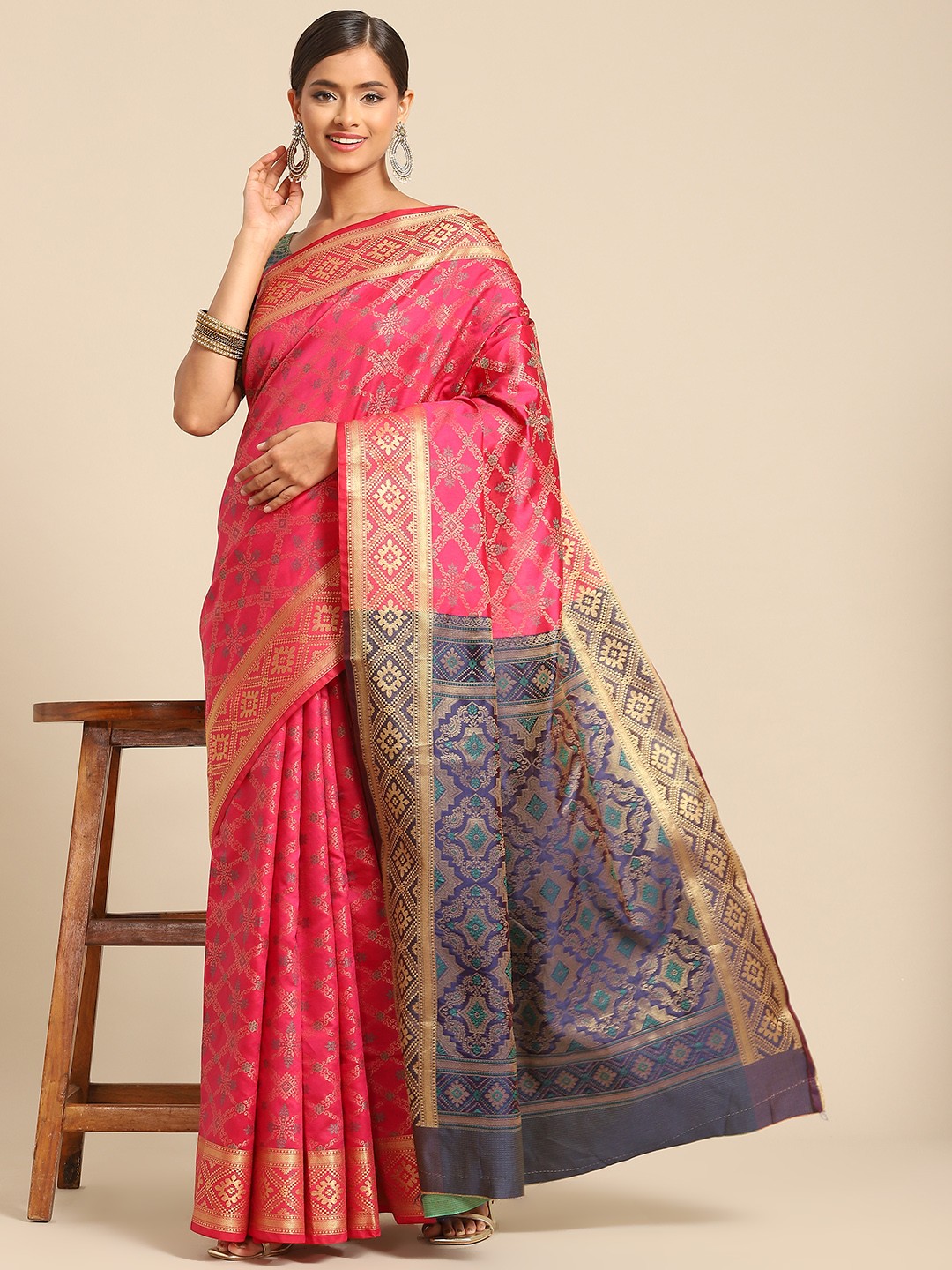 

all about you Pink & Grey Woven Design Zari Silk Blend Patola Saree