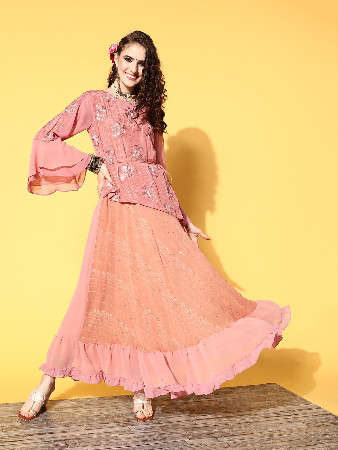 

ZOLA Women Pretty Pink Georgette Ethereal Embroidery Kurta