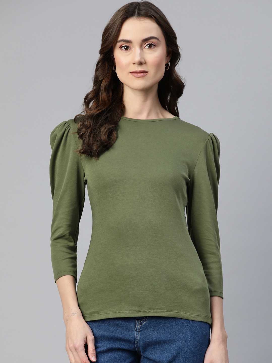 

Marks & Spencer Puff Sleeve Pure Cotton Top, Olive