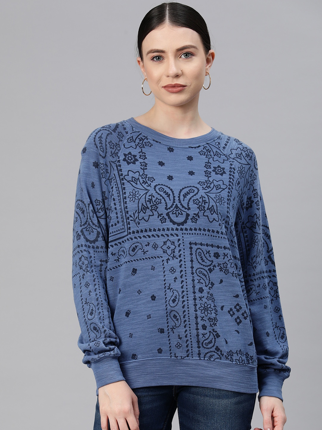 

Marks & Spencer Ethnic Motifs Printed Raglan Sleeves Pure Cotton Sweatshirt, Navy blue