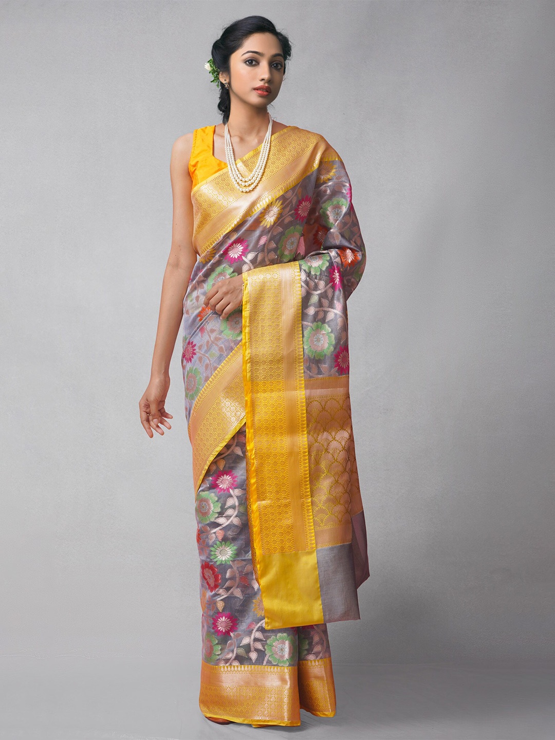 

Unnati Silks Grey & Yellow Woven Design Zari Silk Cotton Banarasi Saree