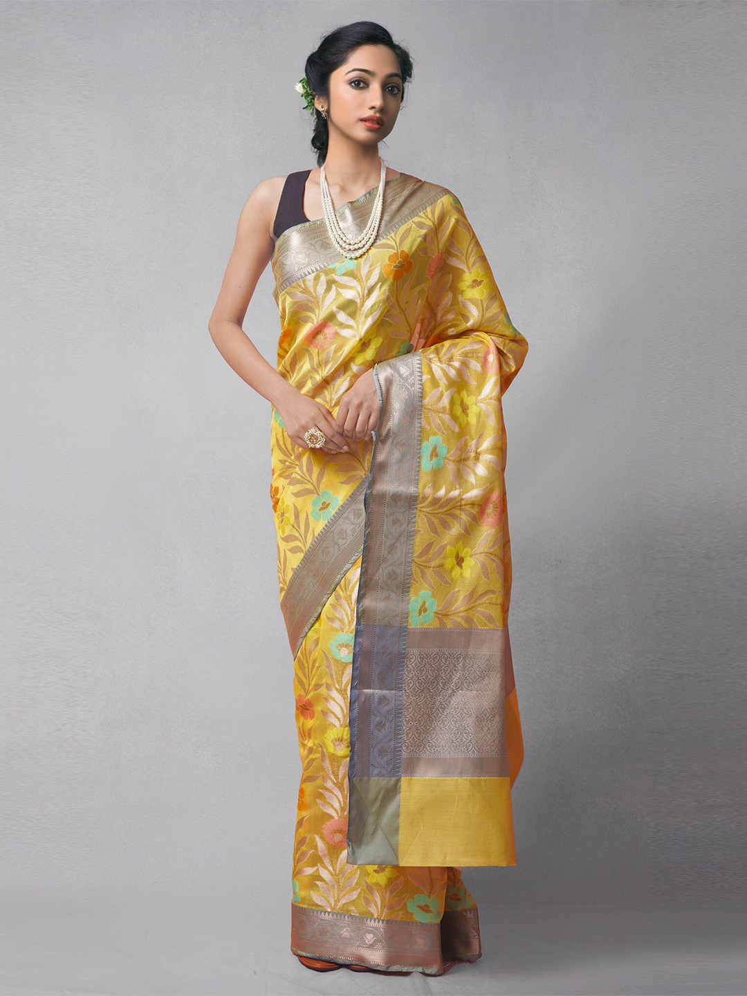 

Unnati Silks Yellow & Gold-Toned Woven Design Zari Silk Cotton Banarasi Saree
