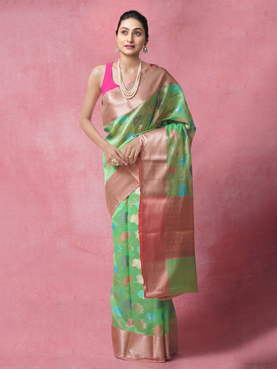 

Unnati Silks Green & Pink Woven Design Zari Silk Cotton Banarasi Saree