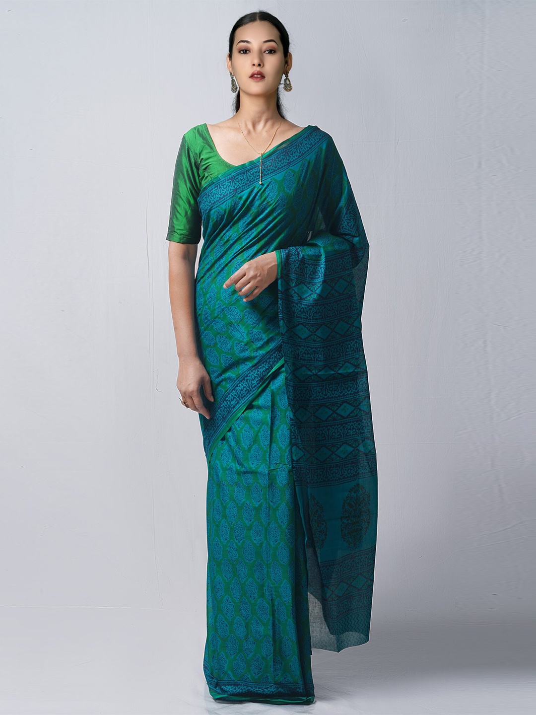 

Unnati Silks Green & Blue Ethnic Motifs Pure Cotton Block Print Saree