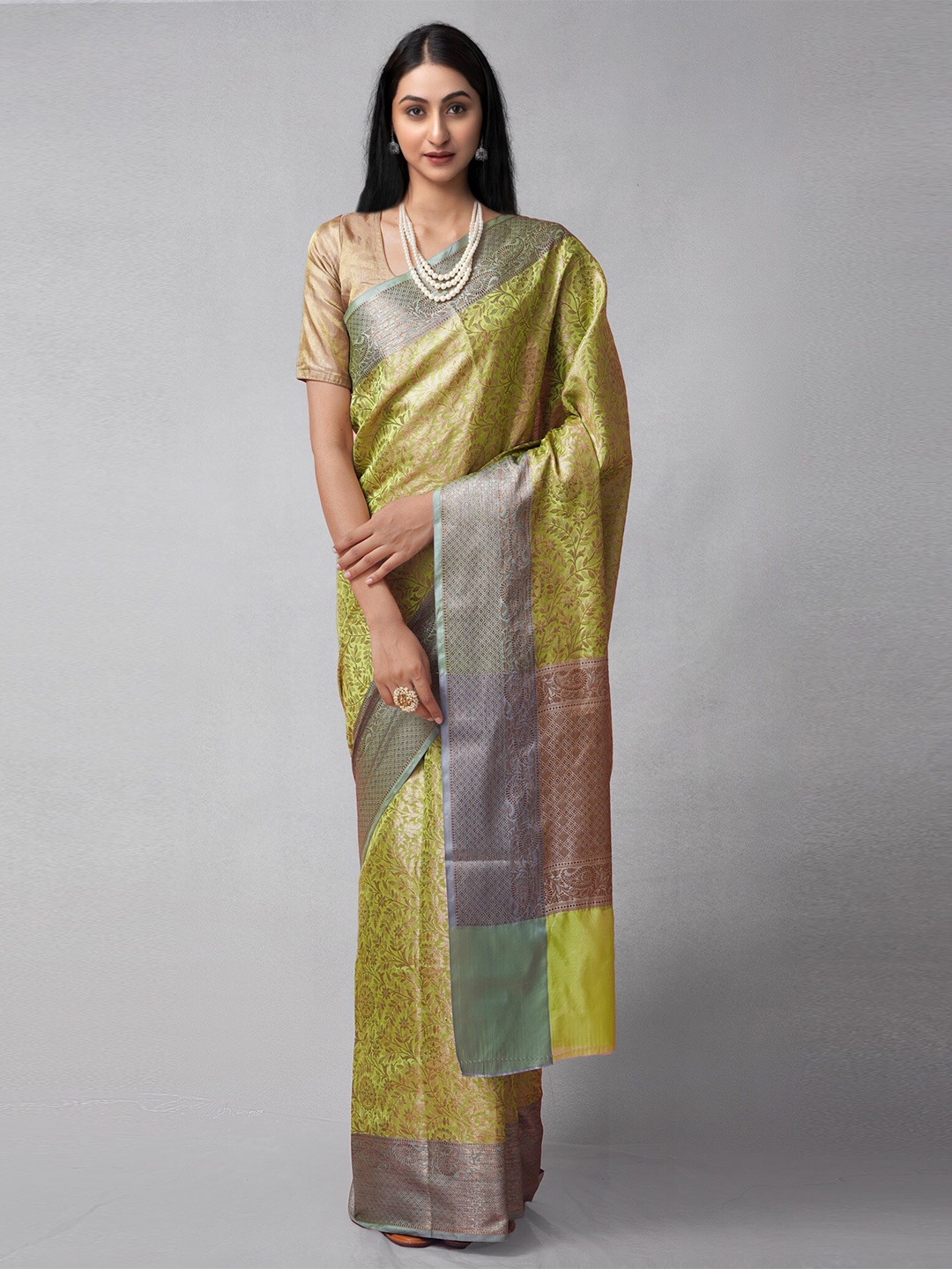 

Unnati Silks Green & Brown Woven Design Zari Silk Cotton Banarasi Saree