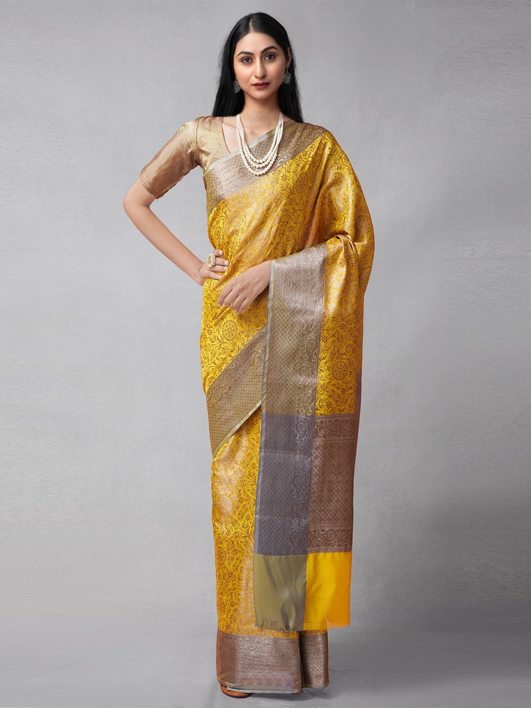 

Unnati Silks Yellow & Grey Woven Design Zari Silk Cotton Banarasi Saree