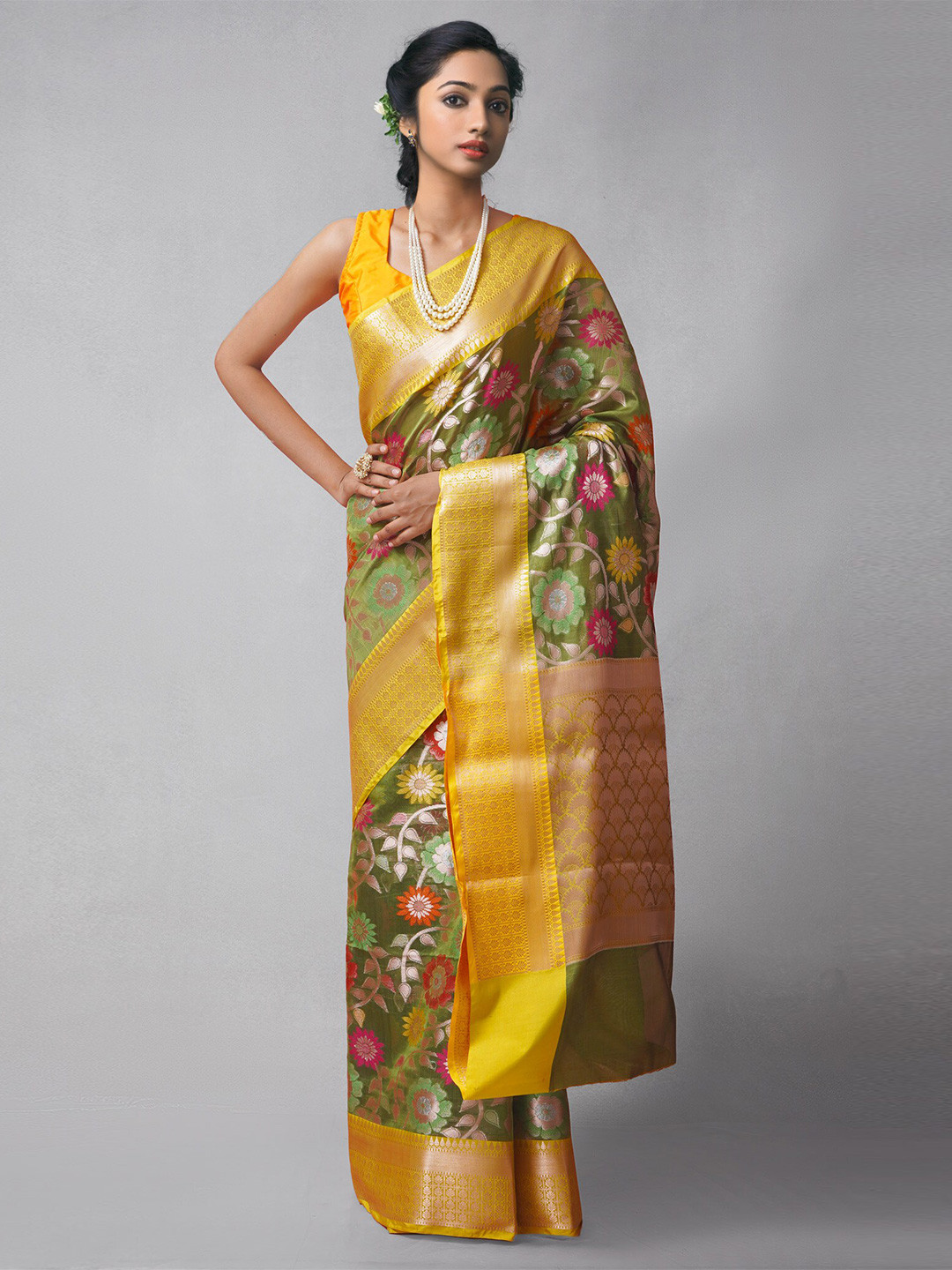 

Unnati Silks Green & Yellow Woven Design Zari Silk Cotton Banarasi Saree
