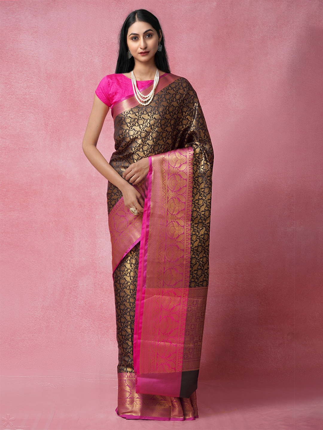 

Unnati Silks Black & Pink Woven Design Zari Silk Cotton Banarasi Saree