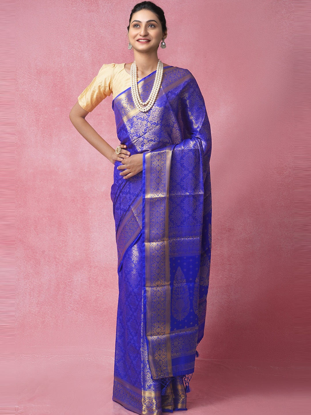

Unnati Silks Blue & Gold-Toned Woven Design Zari Silk Cotton Banarasi Saree