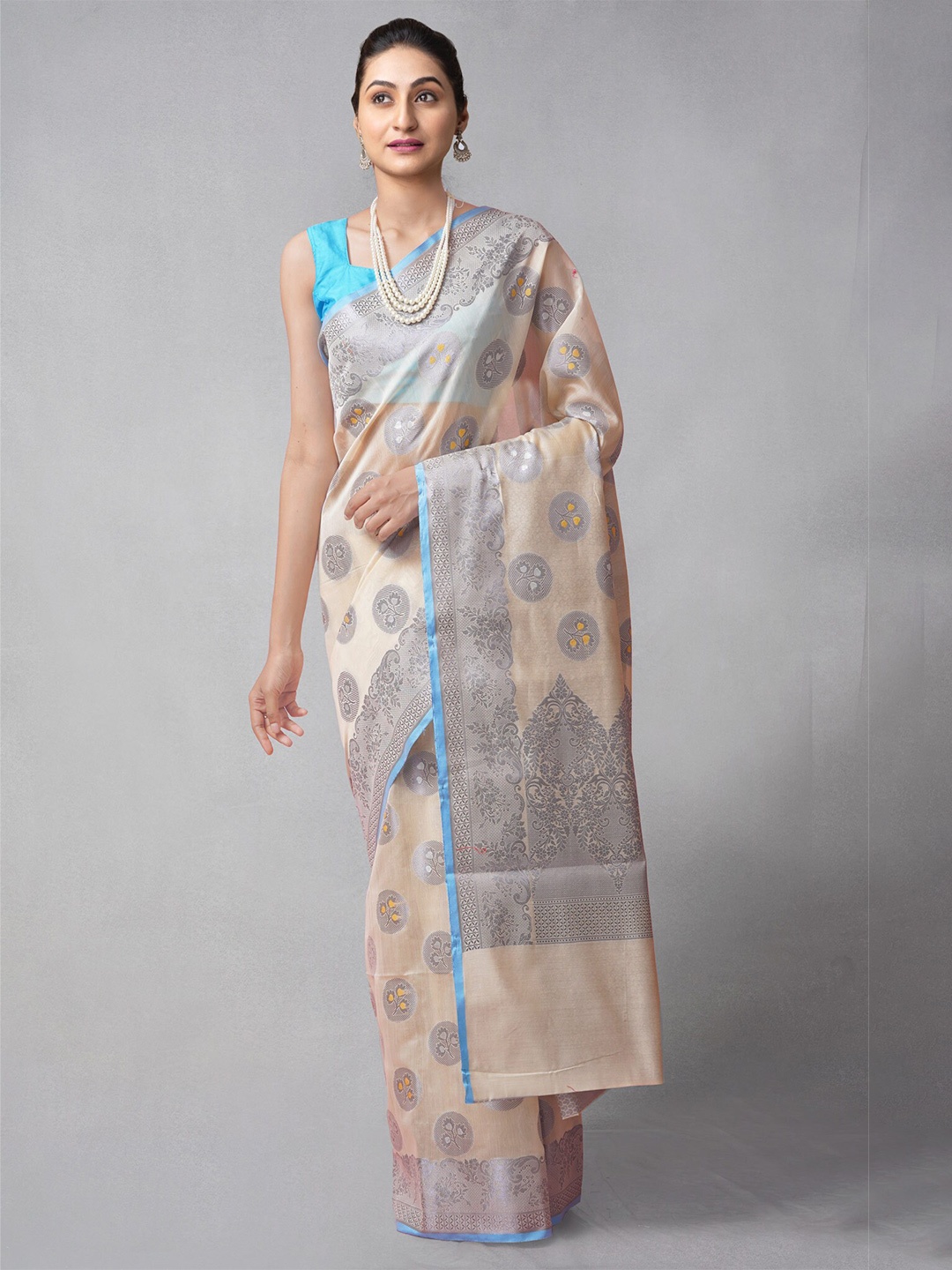 

Unnati Silks Cream-Coloured & Silver-Toned Woven Design Zari Silk Cotton Banarasi Saree