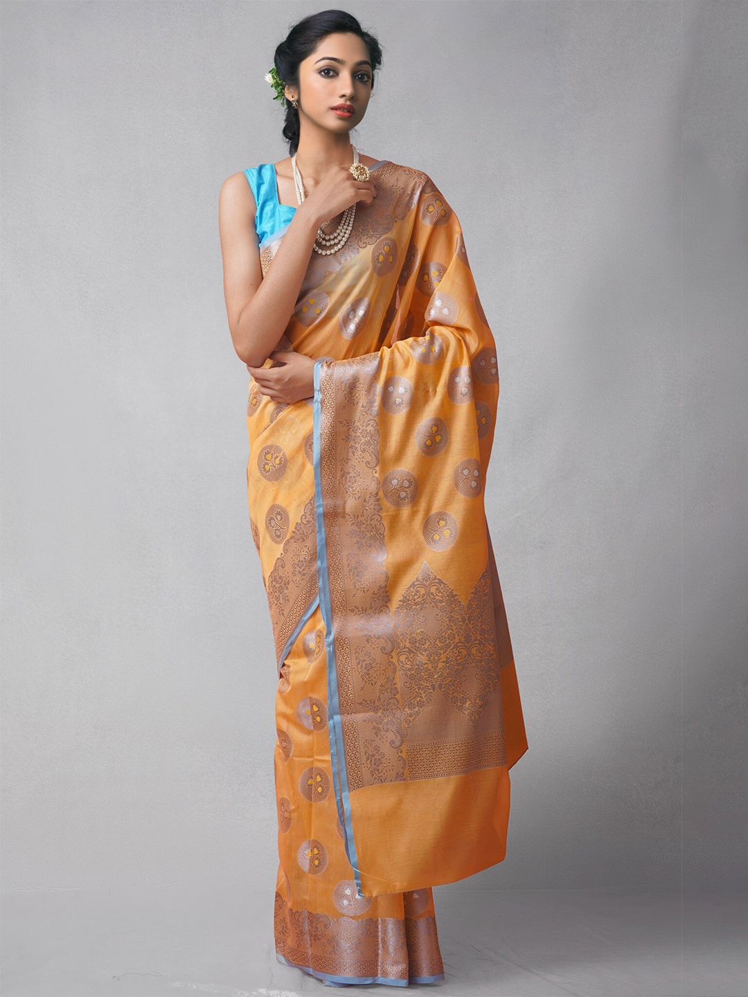 

Unnati Silks Orange & Blue Woven Design Zari Silk Cotton Banarasi Saree