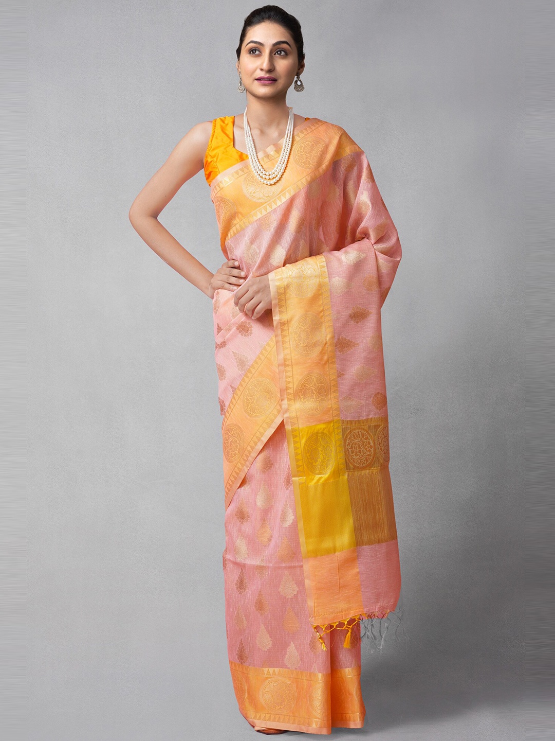 

Unnati Silks Pink & Yellow Woven Design Zari Silk Cotton Banarasi Saree