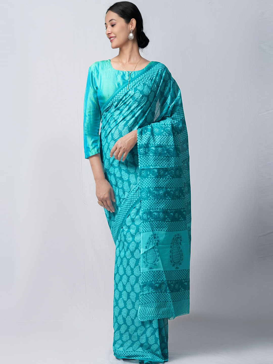 

Unnati Silks Blue Ethnic Motifs Pure Cotton Block Print Saree