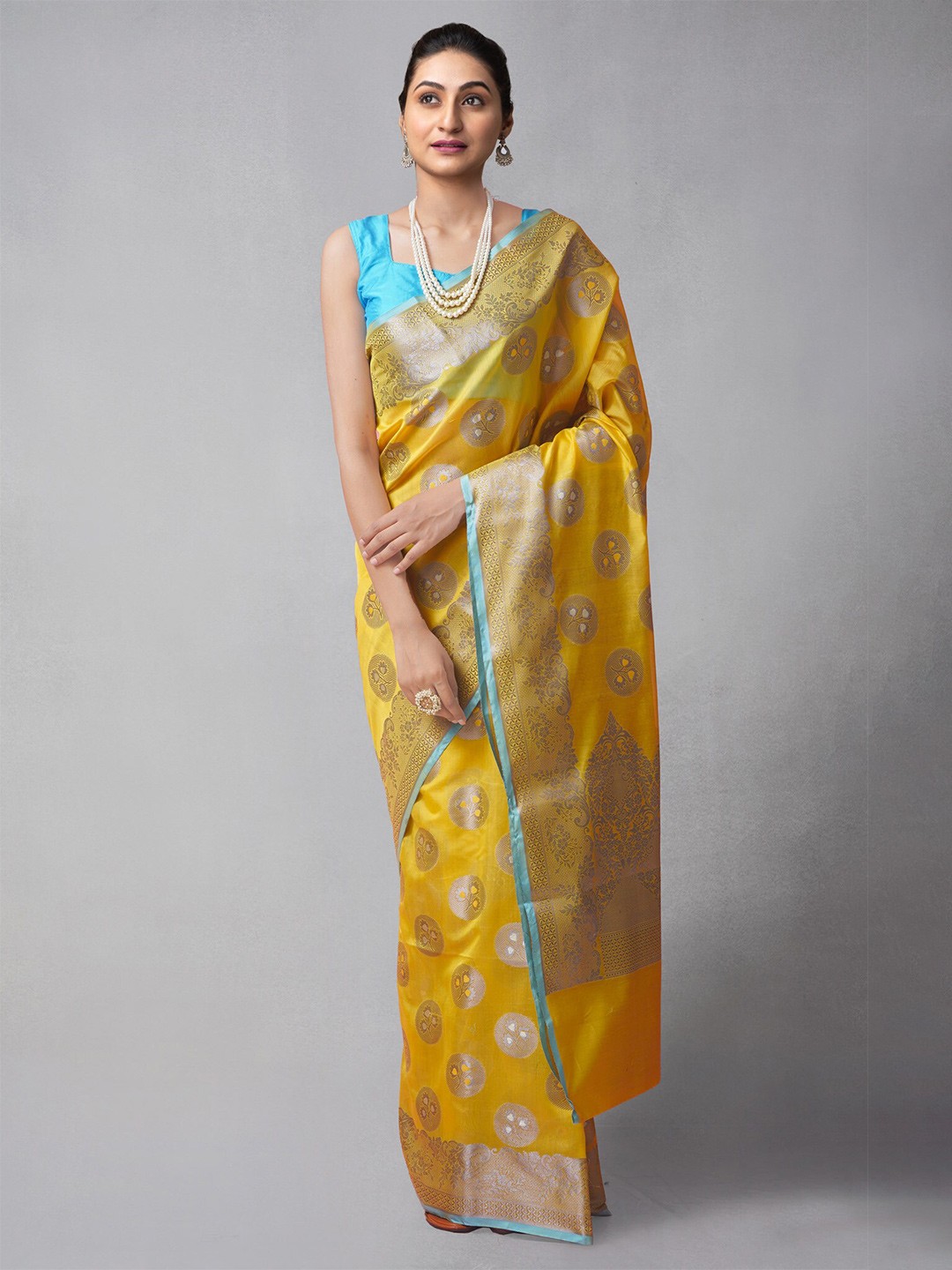 

Unnati Silks Yellow & Gold-Toned Woven Design Zari Silk Cotton Banarasi Saree