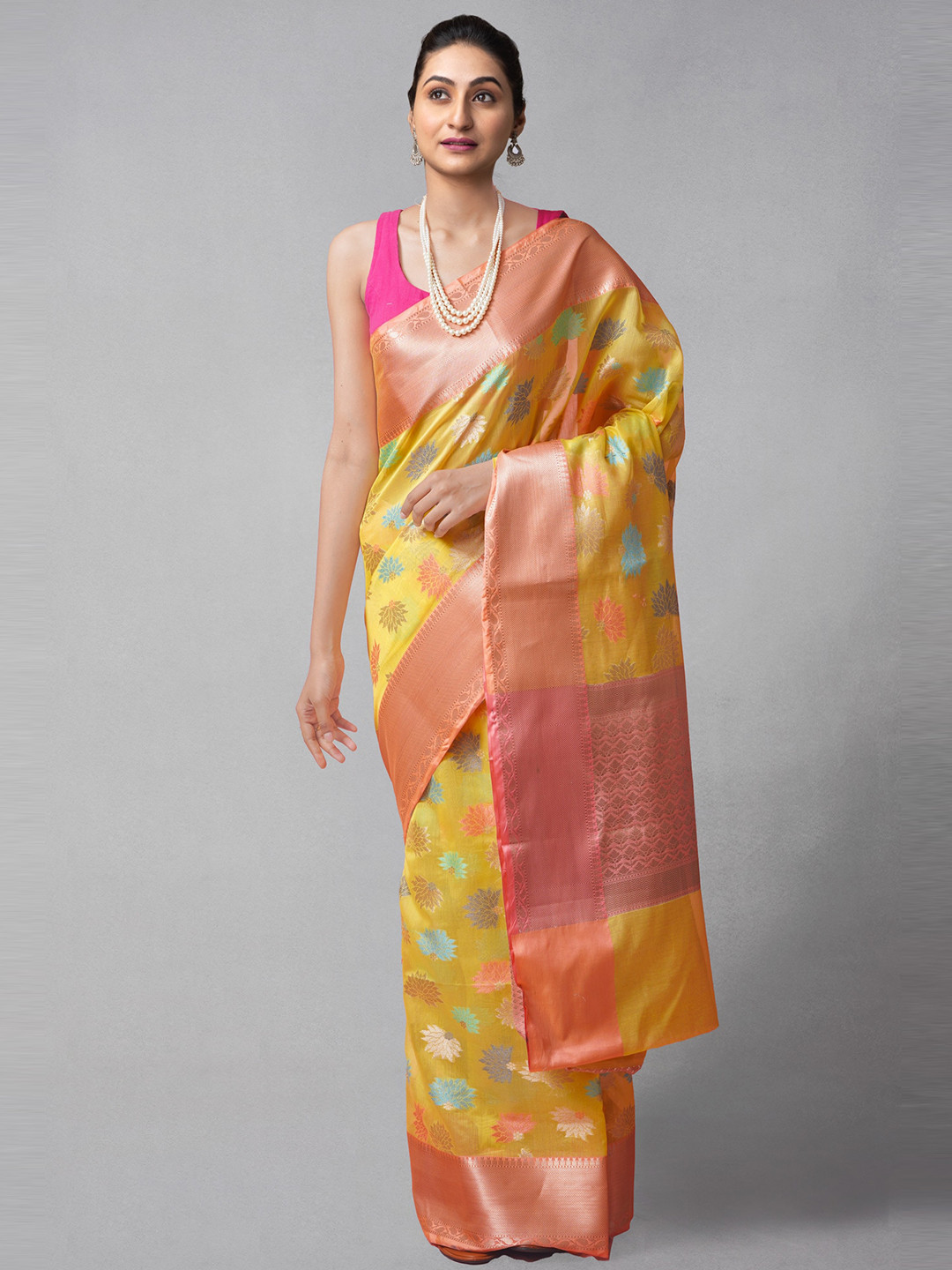 

Unnati Silks Yellow & Pink Woven Design Zari Silk Cotton Banarasi Saree
