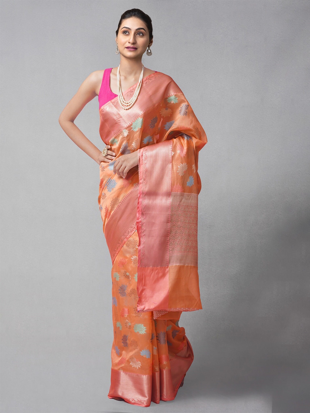 

Unnati Silks Orange & Blue Woven Design Zari Silk Cotton Banarasi Saree