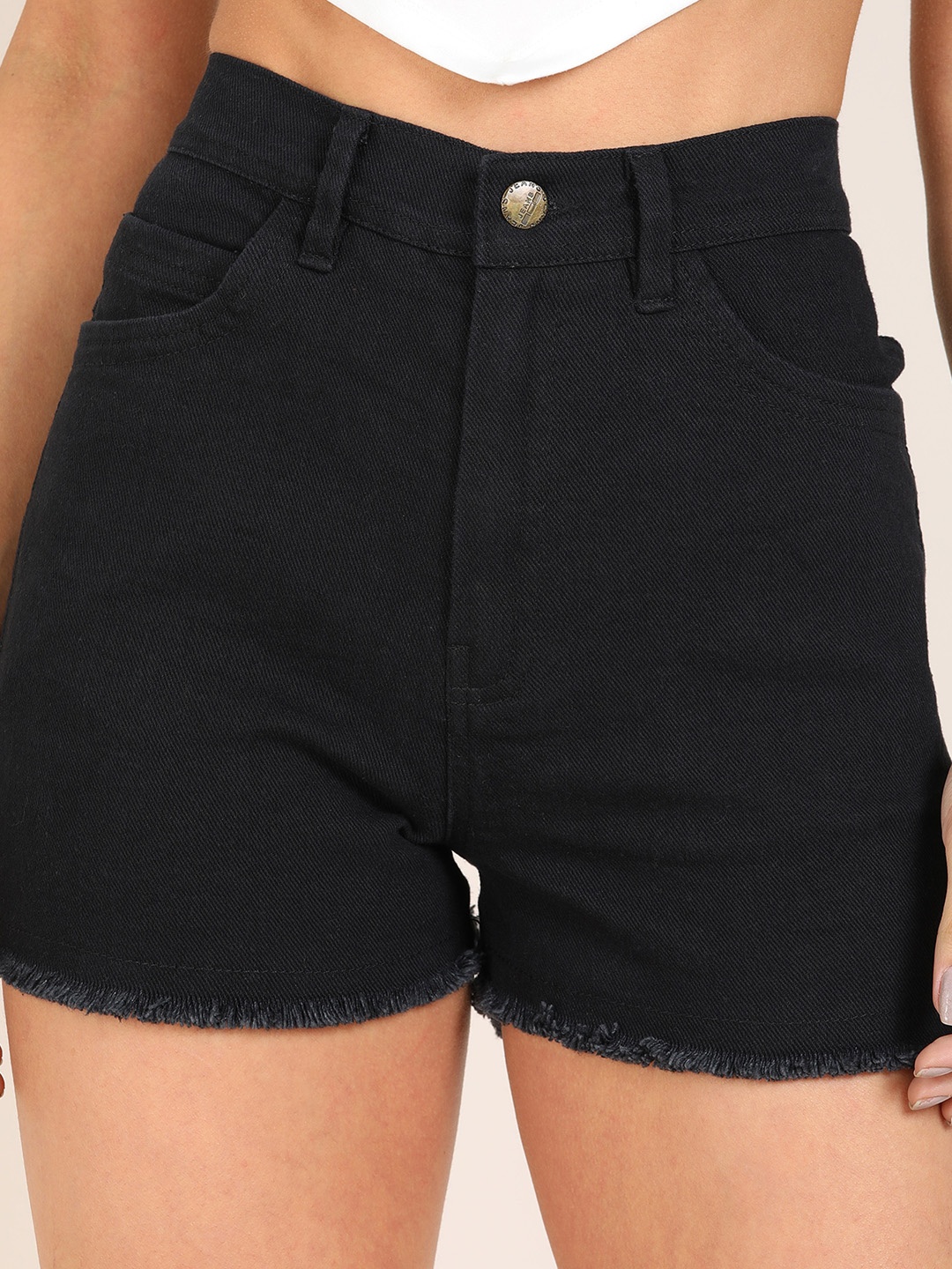 

MONTREZ Women Black High-Rise Denim Shorts