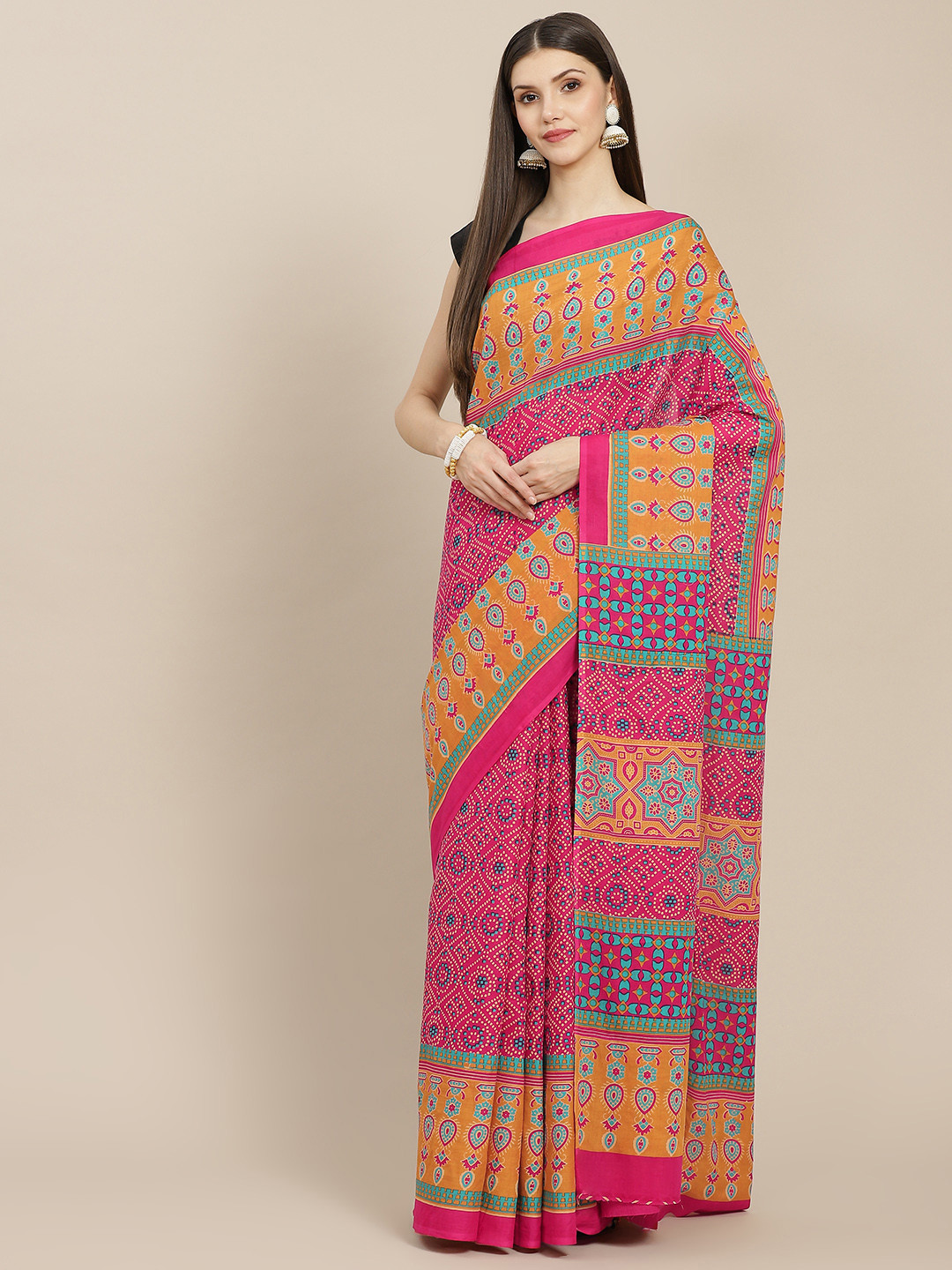 

Yufta Pink Bandhani Printed Pure Cotton With Unstitched Blouse