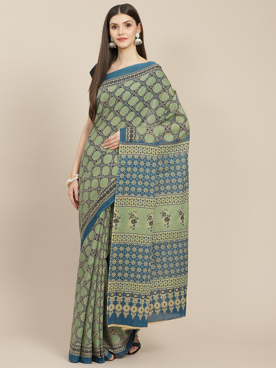 

Yufta Olive Green Ajrak Printed Pure Cotton Saree With Unstitched Blouse