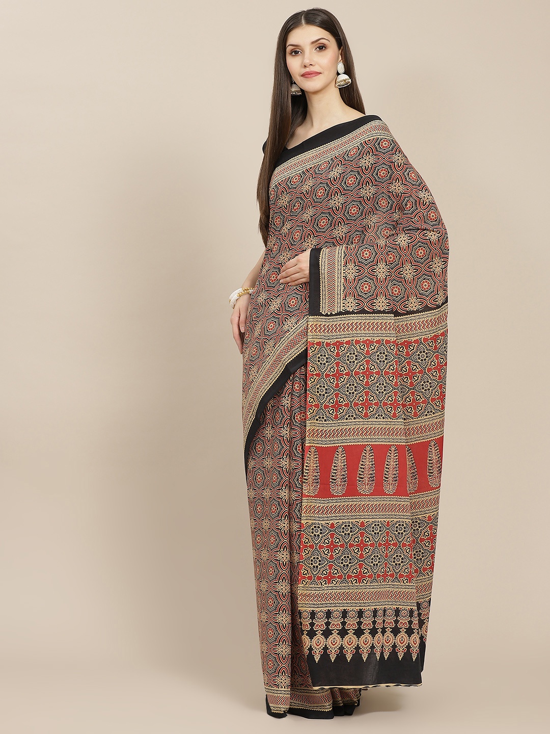 

Yufta Black Ajrak Printed Pure Cotton Saree With Unstitched Blouse