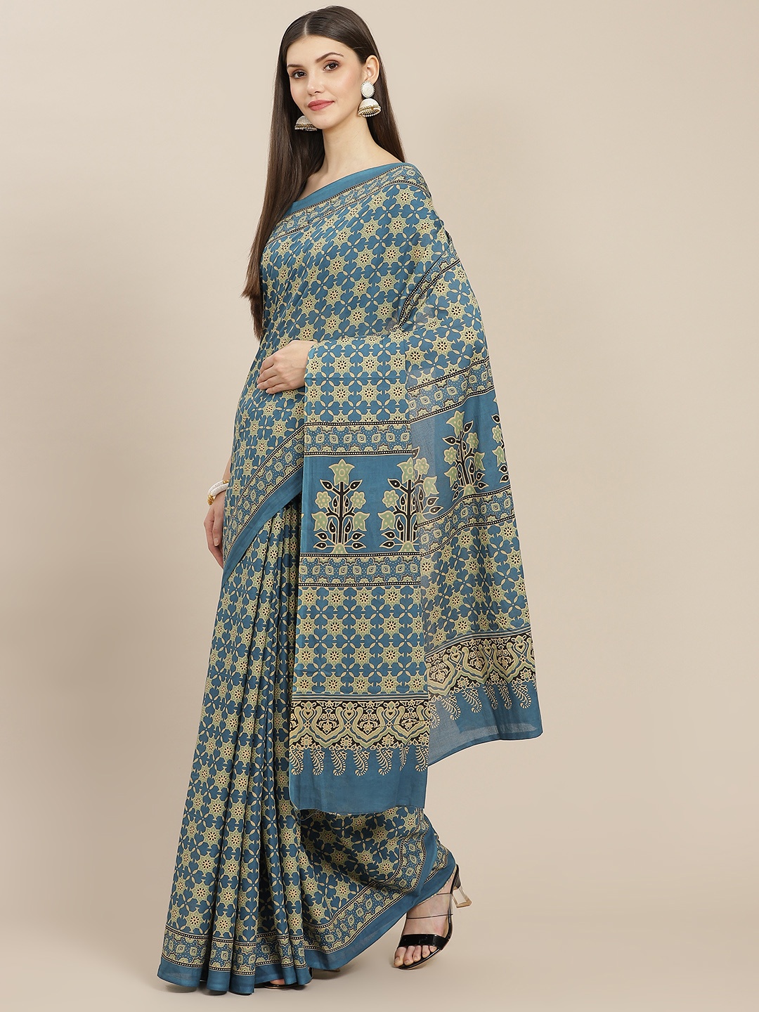 

Yufta Blue Ajrak Printed Pure Cotton Saree With Unstitched Blouse