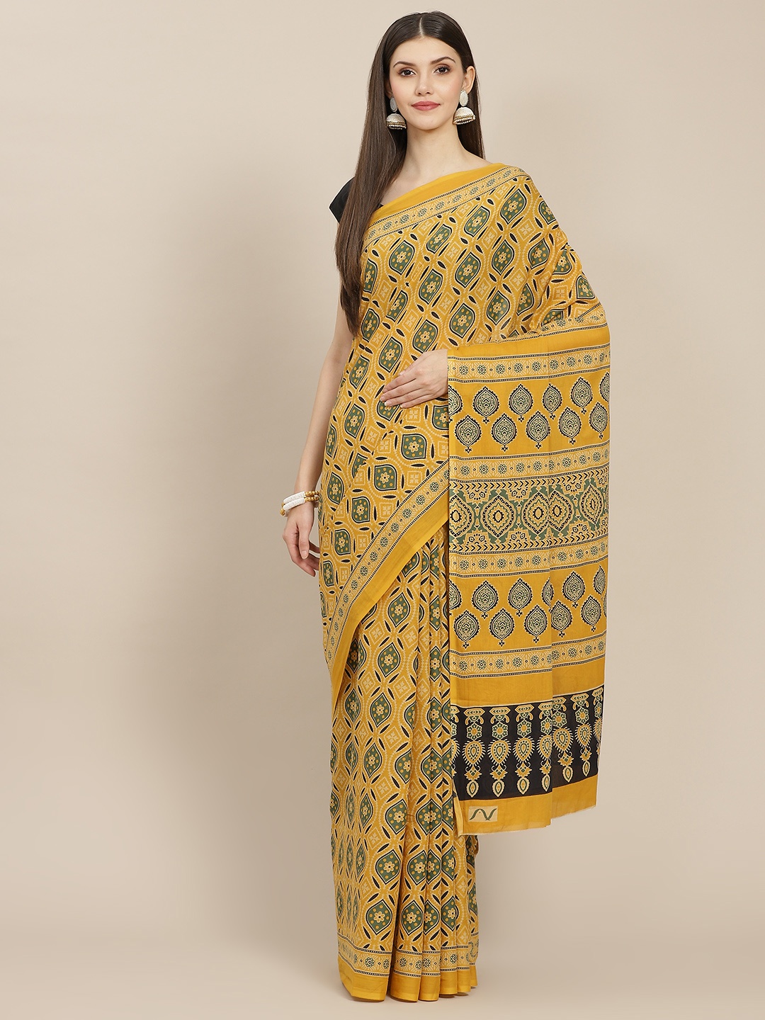 

Yufta Mustard Yellow Ajrak Printed Pure Cotton Saree With Unstitched Blouse