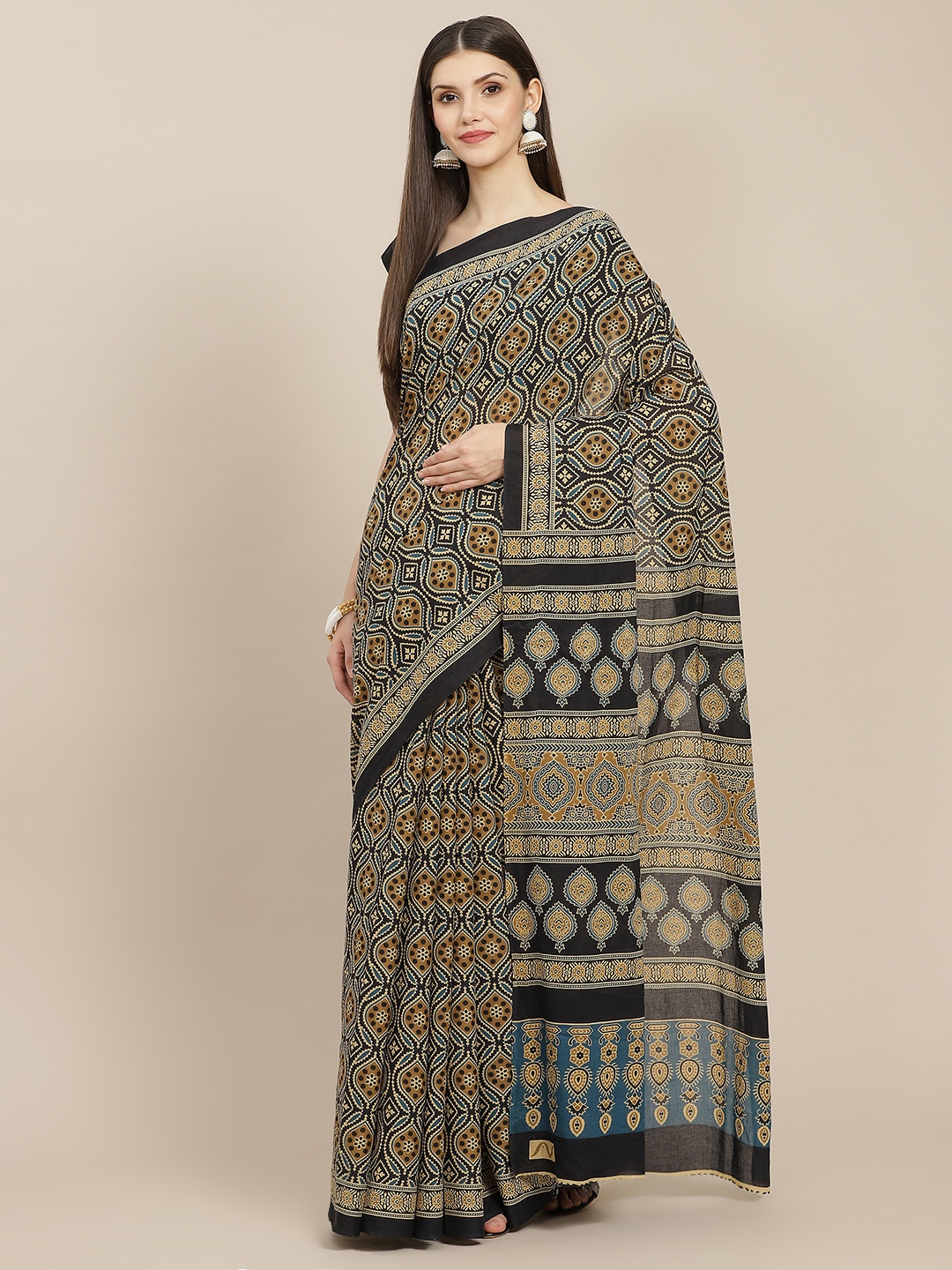 

Yufta Black Ajrak Printed Pure Cotton Saree With Unstitched Blouse