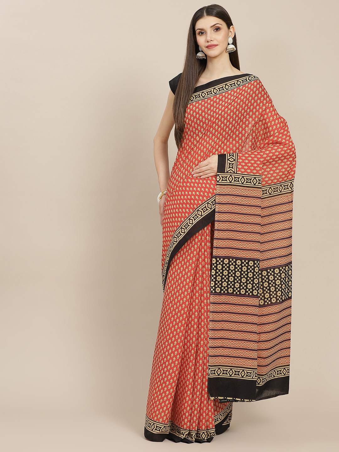 

Yufta Red Ajrak Printed Pure Cotton Saree With Unstitched Blouse