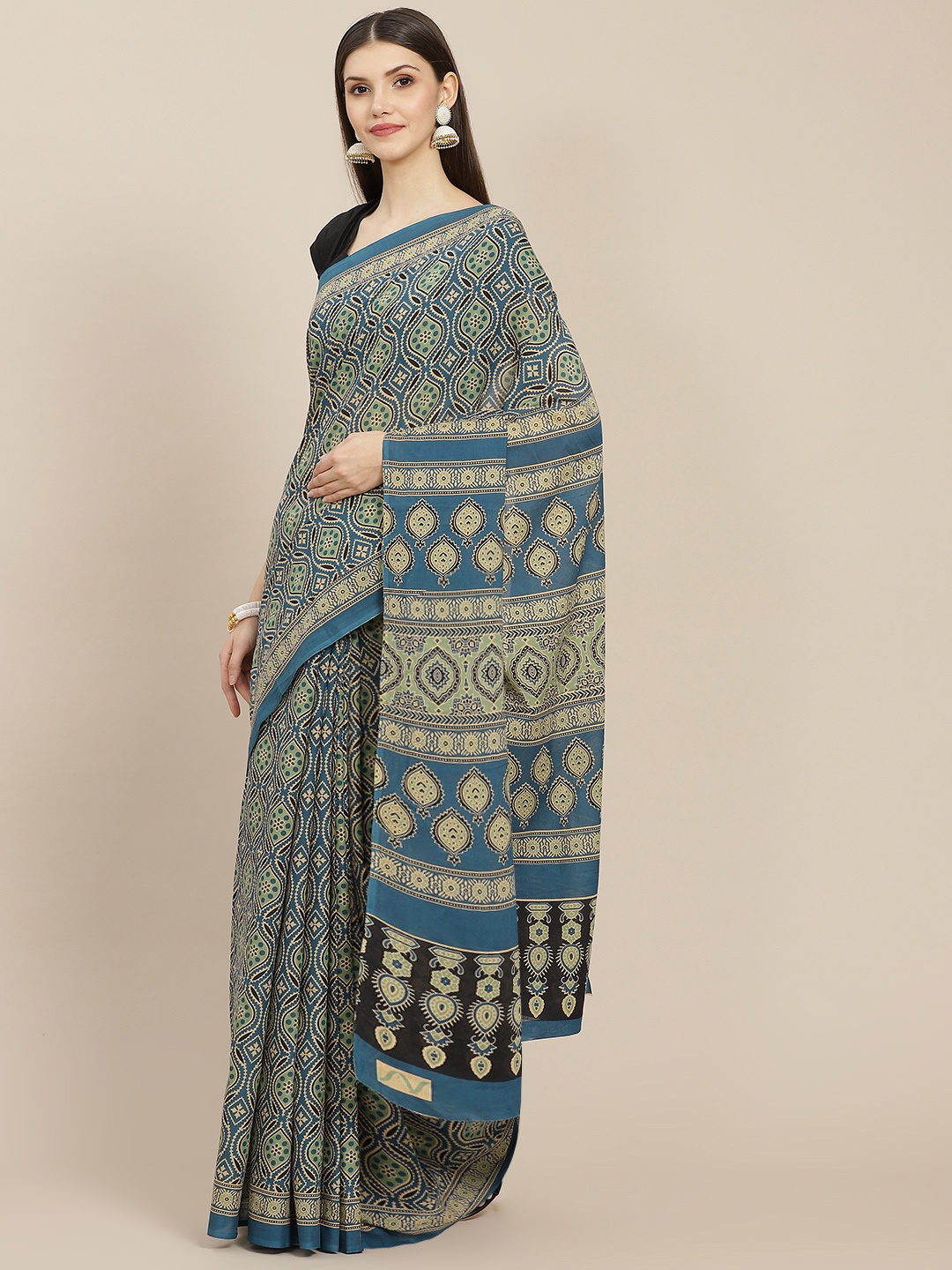 

Yufta Blue Ajrak Printed Pure Cotton Saree With Unstitched Blouse