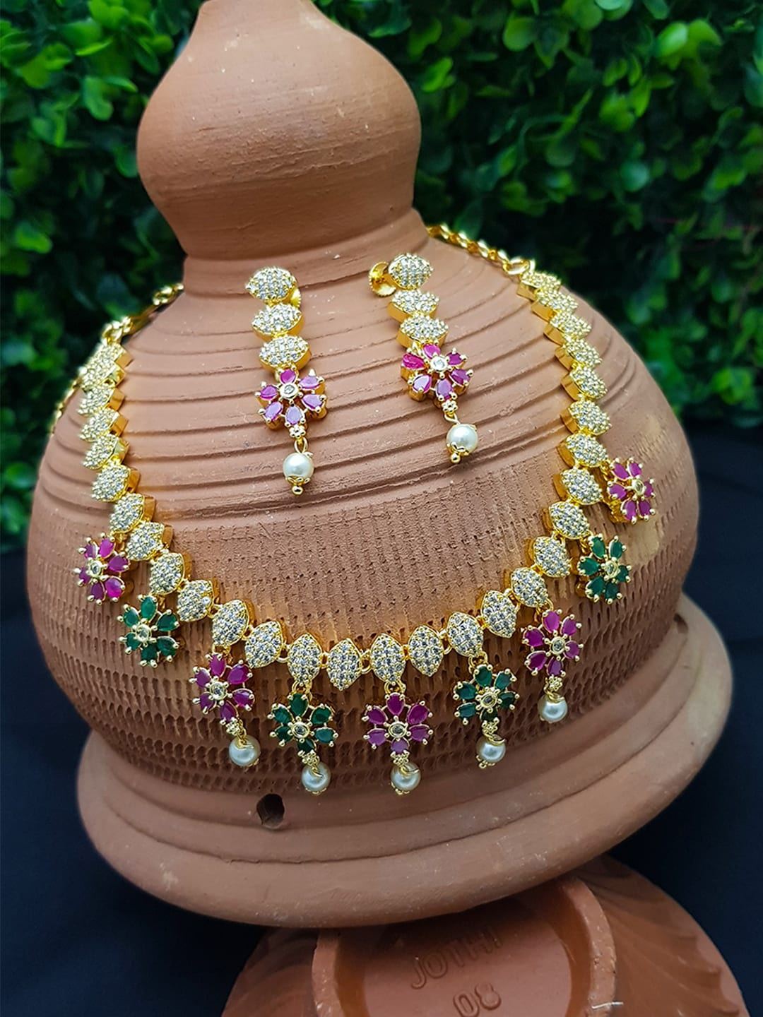 

GRIIHAM Gold-Plated Pink & Green CZ-Studded & Pearl Beaded Jewellery Set