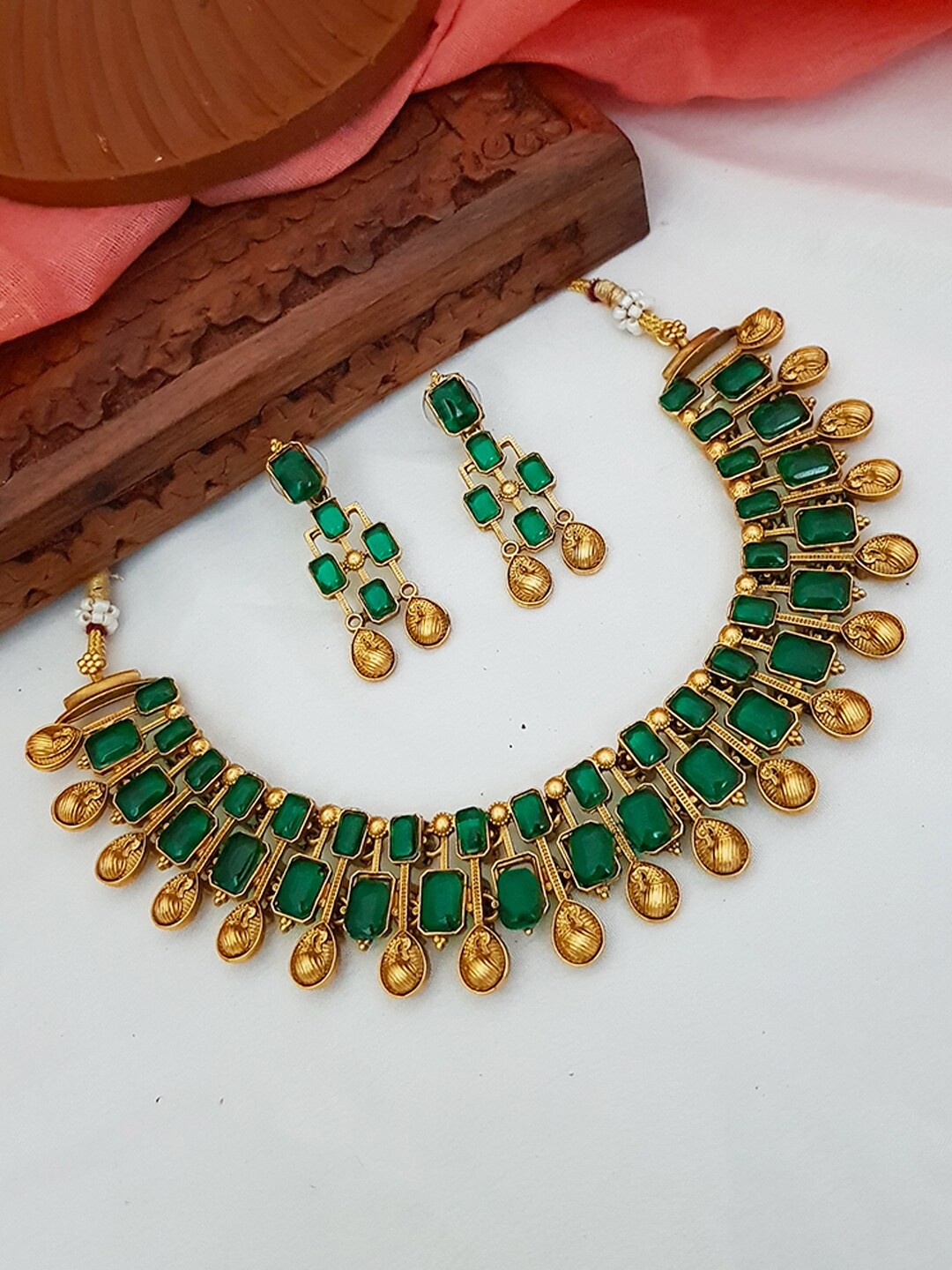 

GRIIHAM Gold-Plated Green AD Stone Studded Jewellery Set