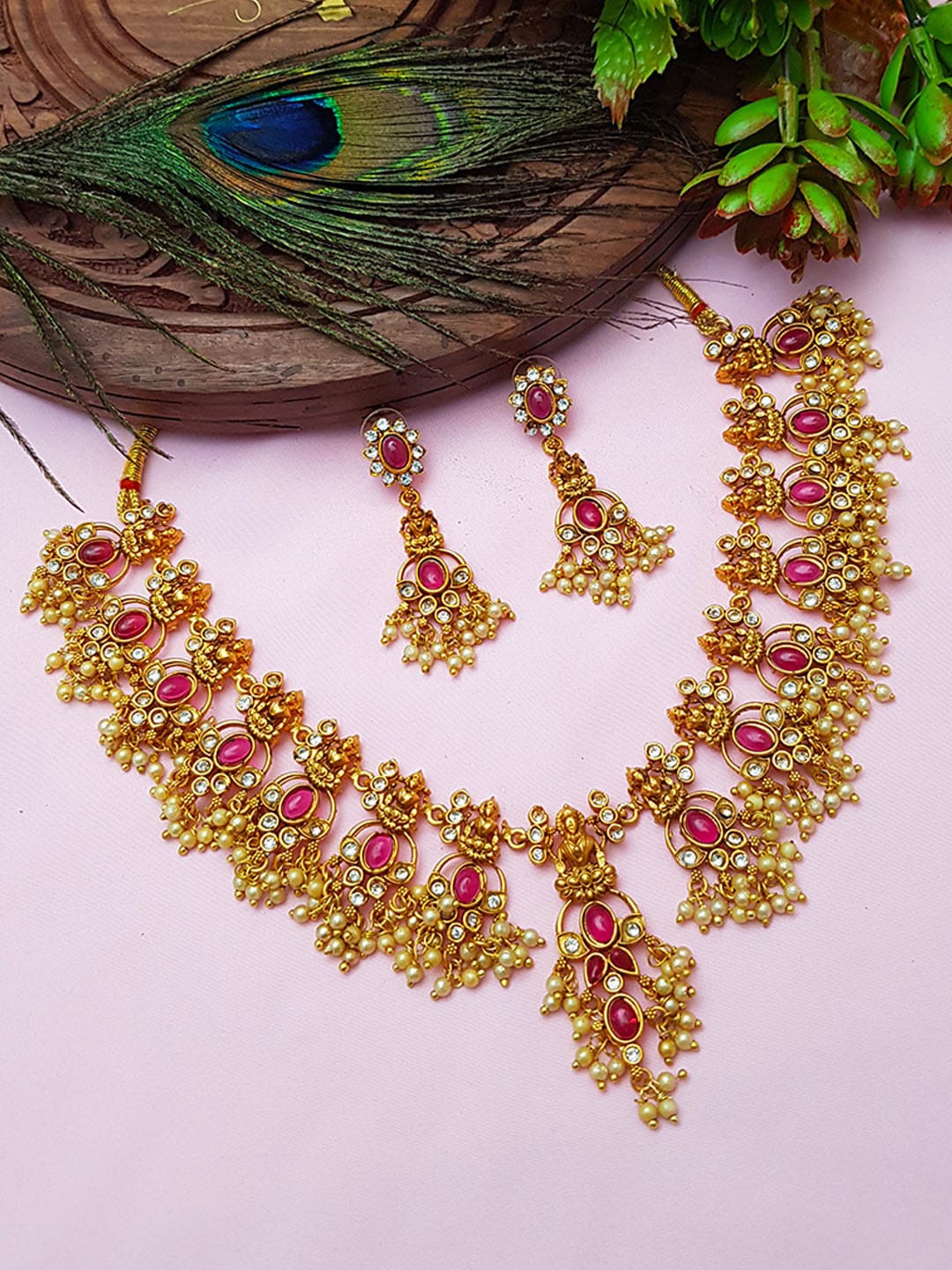 

GRIIHAM Gold-Plated Pink AD-Studded & Beaded Jewellery Set