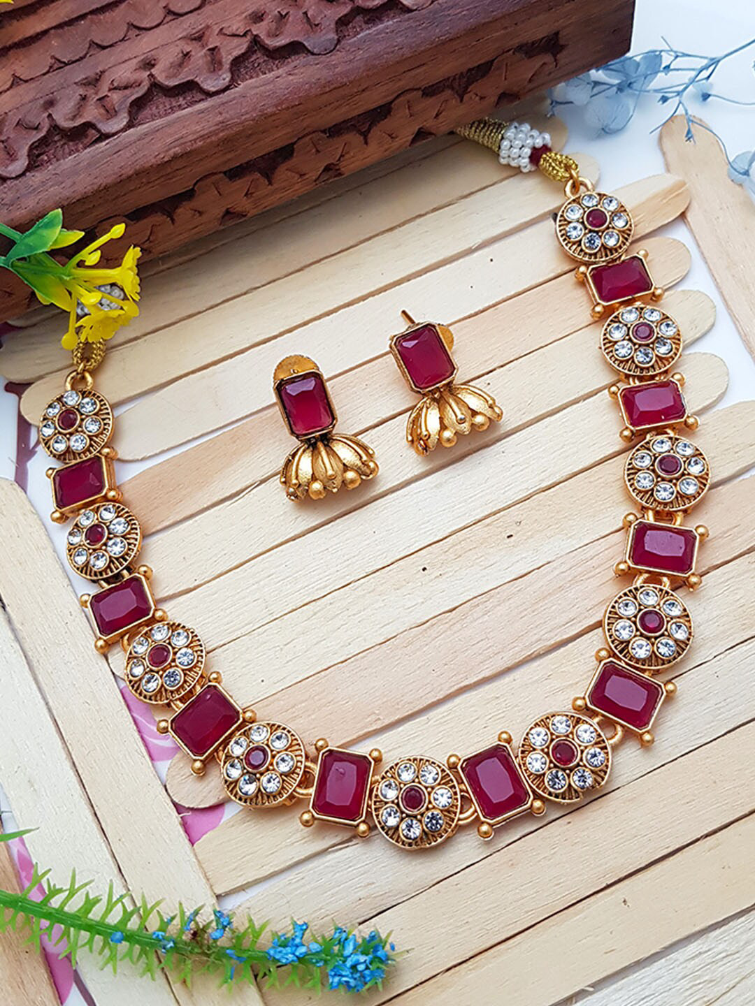 

GRIIHAM Gold-Plated Red AD-Studded Jewellery Set