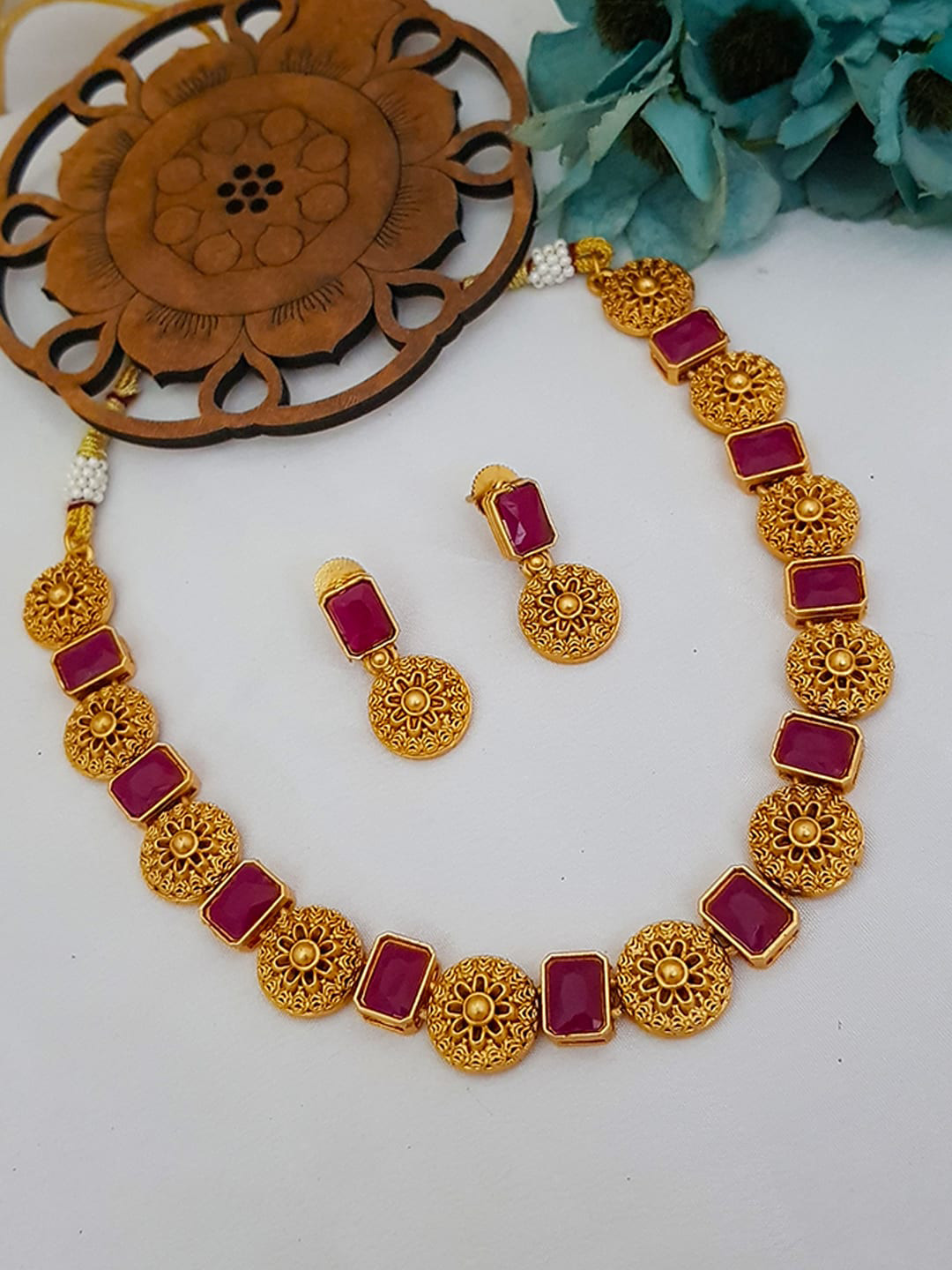 

GRIIHAM Gold-Plated Red AD-Studded Jewellery Set