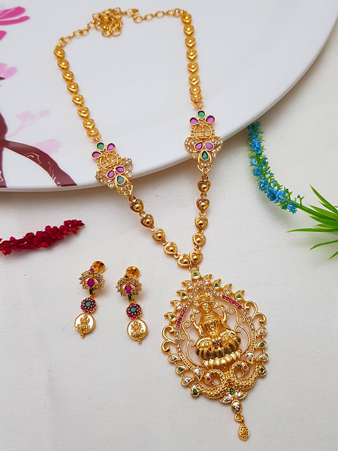 

GRIIHAM Gold-Plated Pink & Green CZ Stone Studded Jewellery Set