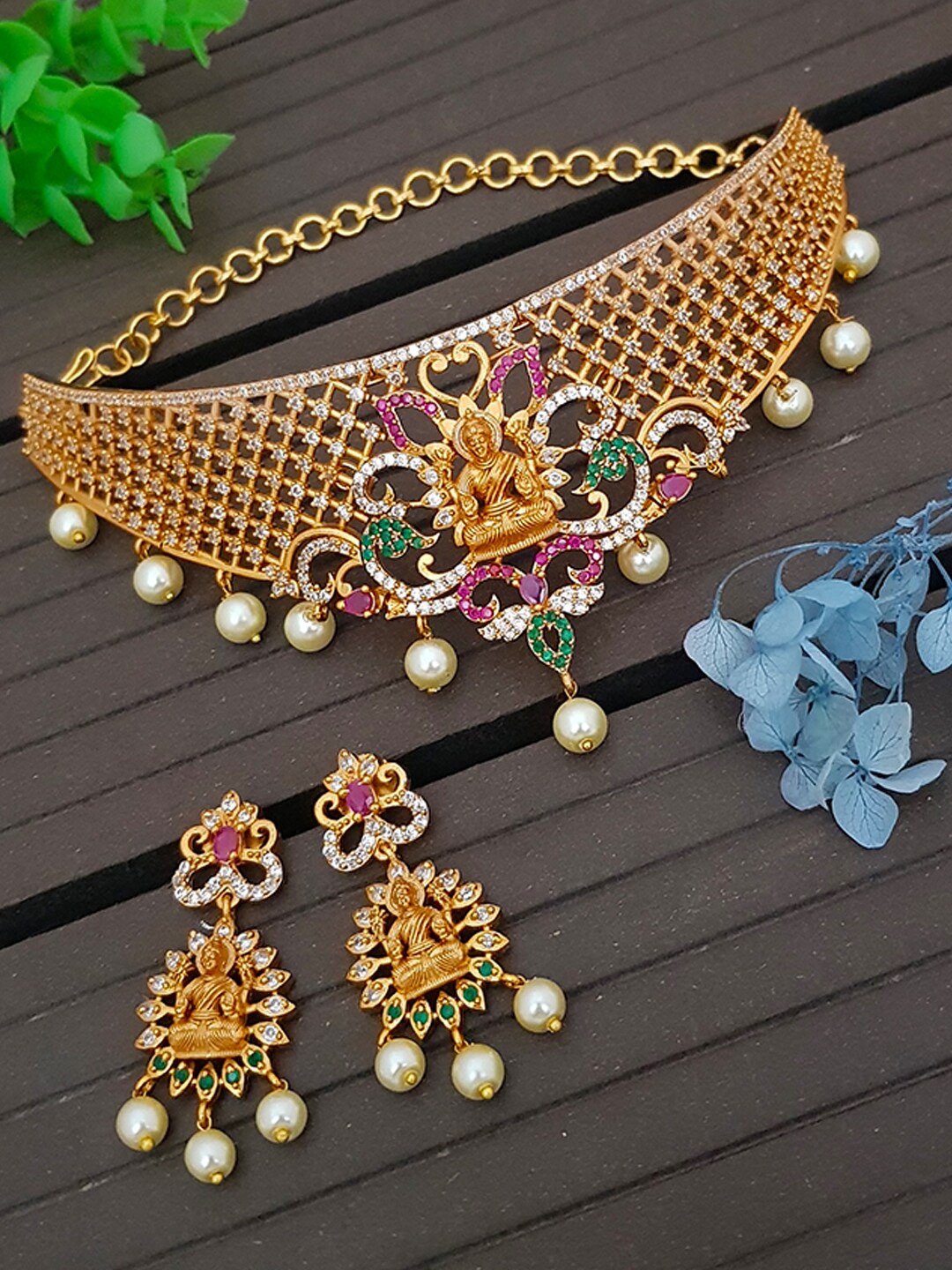 

GRIIHAM Gold-Plated Maroon & Green CZ-Studded & Beaded Jewellery Set