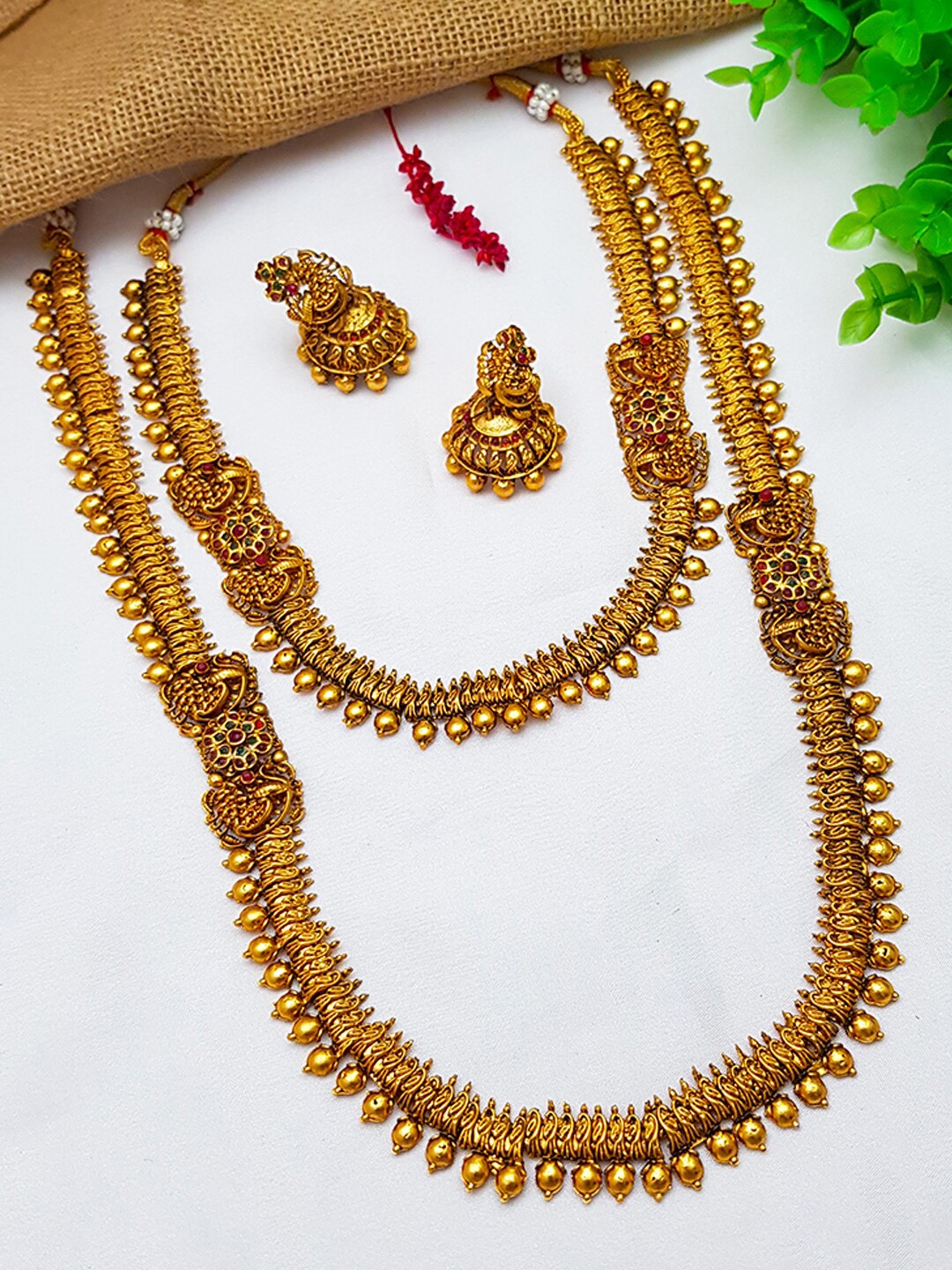 

GRIIHAM Gold-Plated Pink & Green AD Studded Jewellery Set
