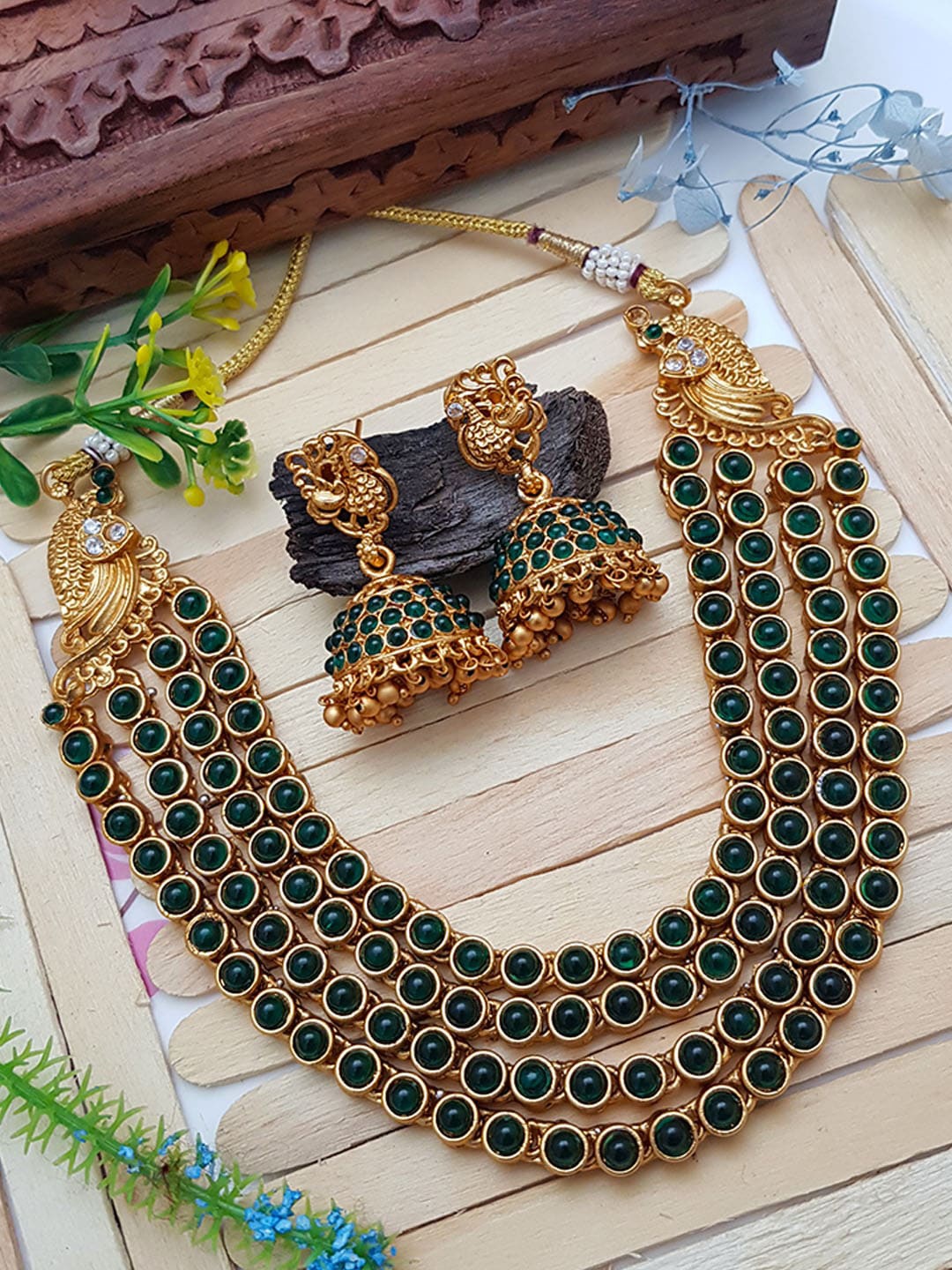 

GRIIHAM Gold-Plated Green AD-Studded & Beaded Jewellery Set