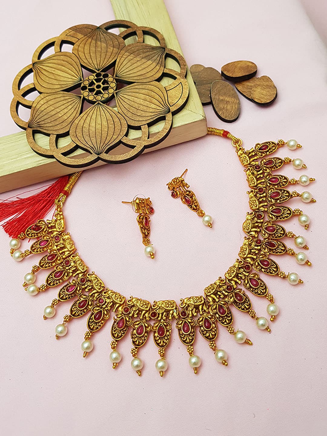 

GRIIHAM Gold-Plated White & Red AD-Studded & Pearl Beaded Jewellery Set