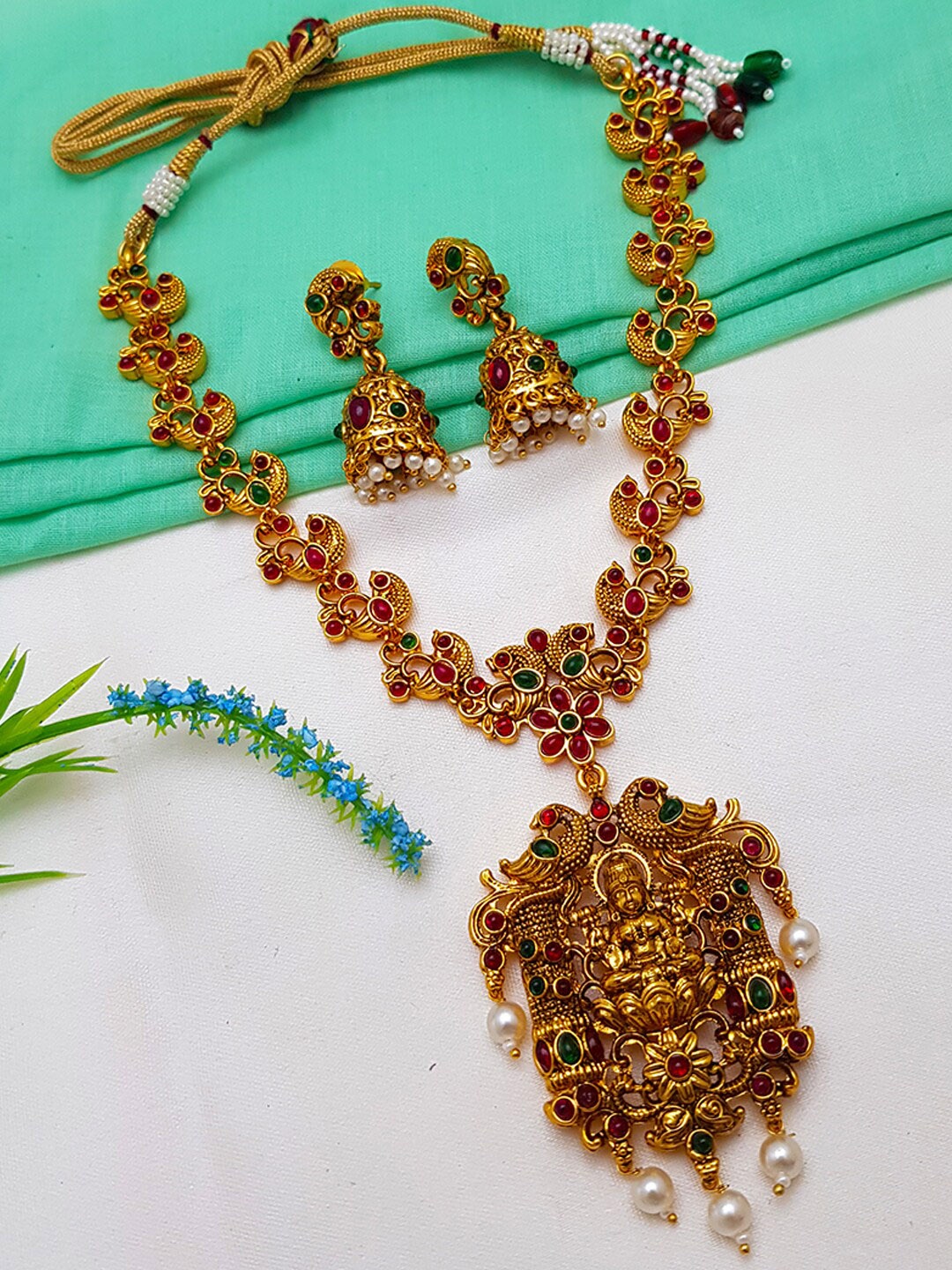 

GRIIHAM Gold-Plated Green & Maroon AD-Studded & Beaded Jewellery Set