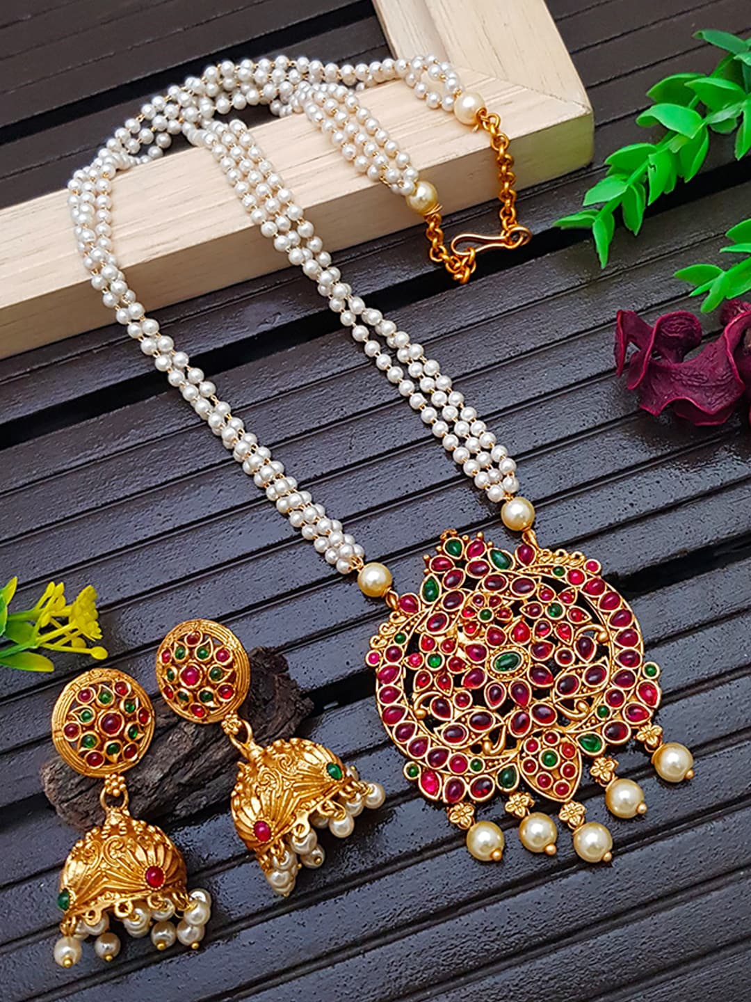 

GRIIHAM Gold-Plated White & Green Stone-Studded & Pearl Beaded Long Jewellery Set